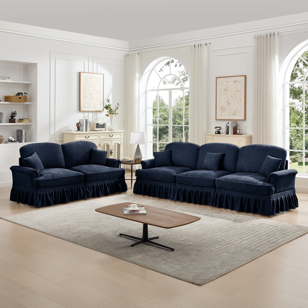 Classic Blue Chenille Modular Sofa Set with Removable Ruffle Skirts - Elegant 3-Seater & Loveseat Living Room Furniture