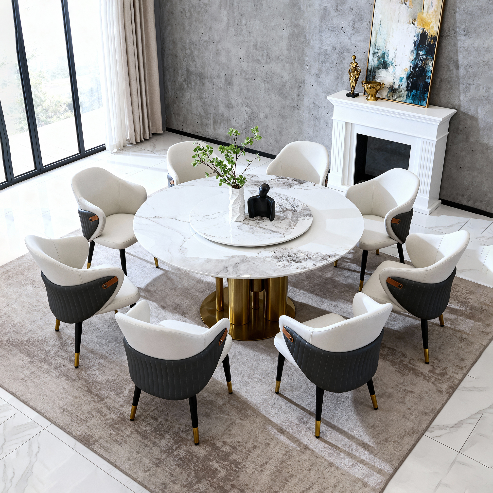 59" Round Dining Table Set with Lazy Susan & 8 Chairs, Luxury Sintered Stone Kitchen Table with Gold Base