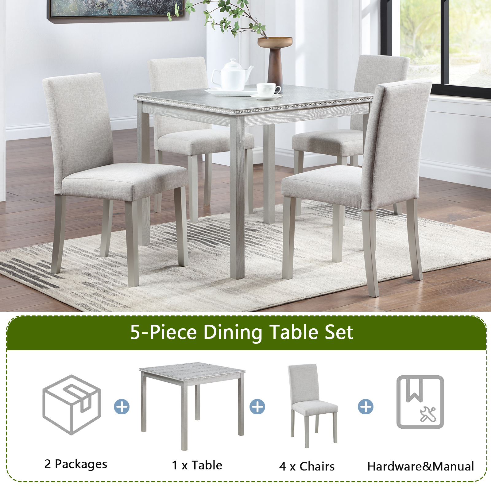 5-Piece Modern Square Dining Set with Crystal Accents, Silver Gray Wood Kitchen Table and 4 Upholstered Beige Chairs for Small Spaces