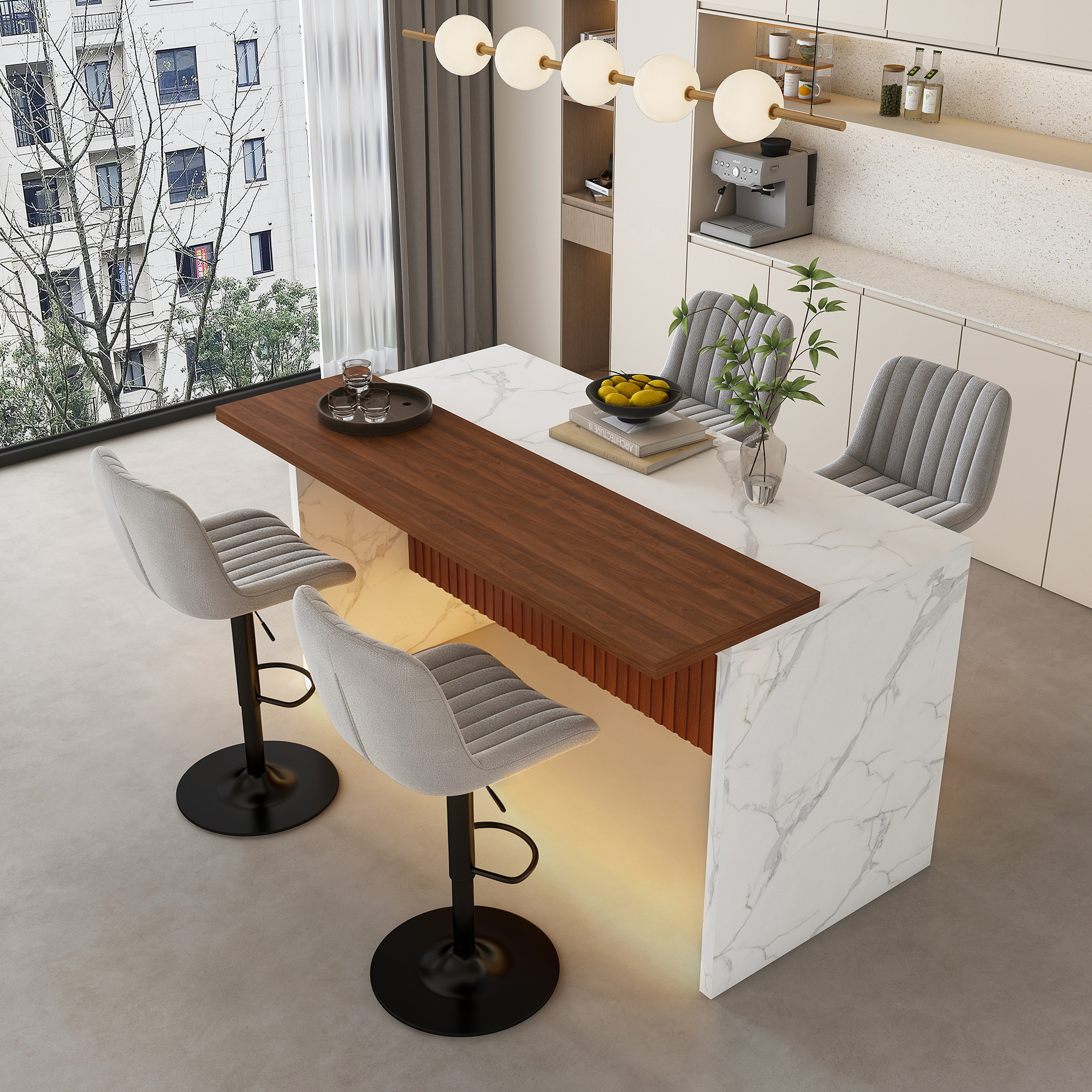 63" Modern Kitchen Island Set with LED Lighting & Marble Top - 4-Piece Dining Table with Gray Bar Stools for Open Concept Spaces