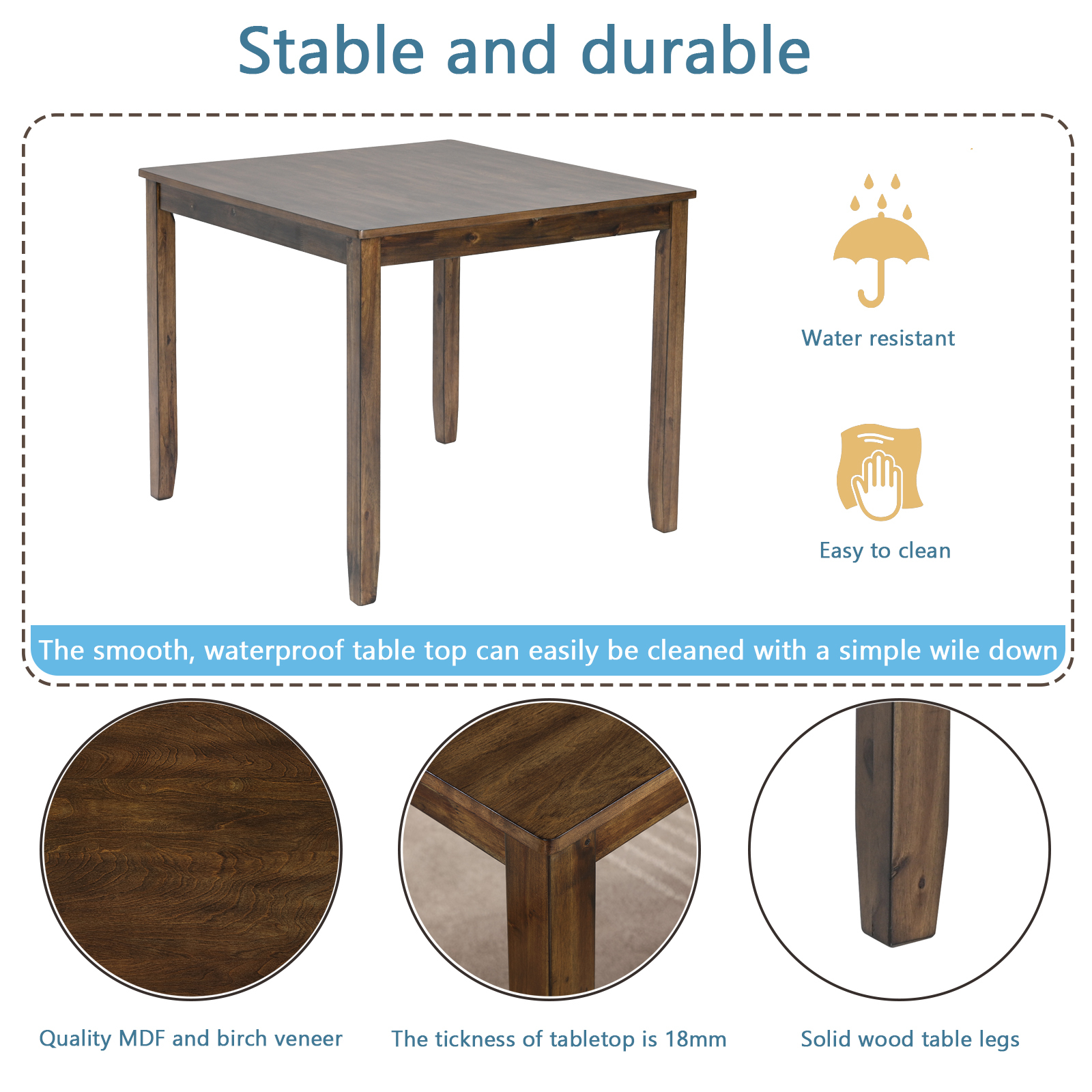 Modern 5-Piece Square Dining Table Set for 4, Walnut Finish Wood Kitchen Table with 4 Upholstered Cross-Back Chairs