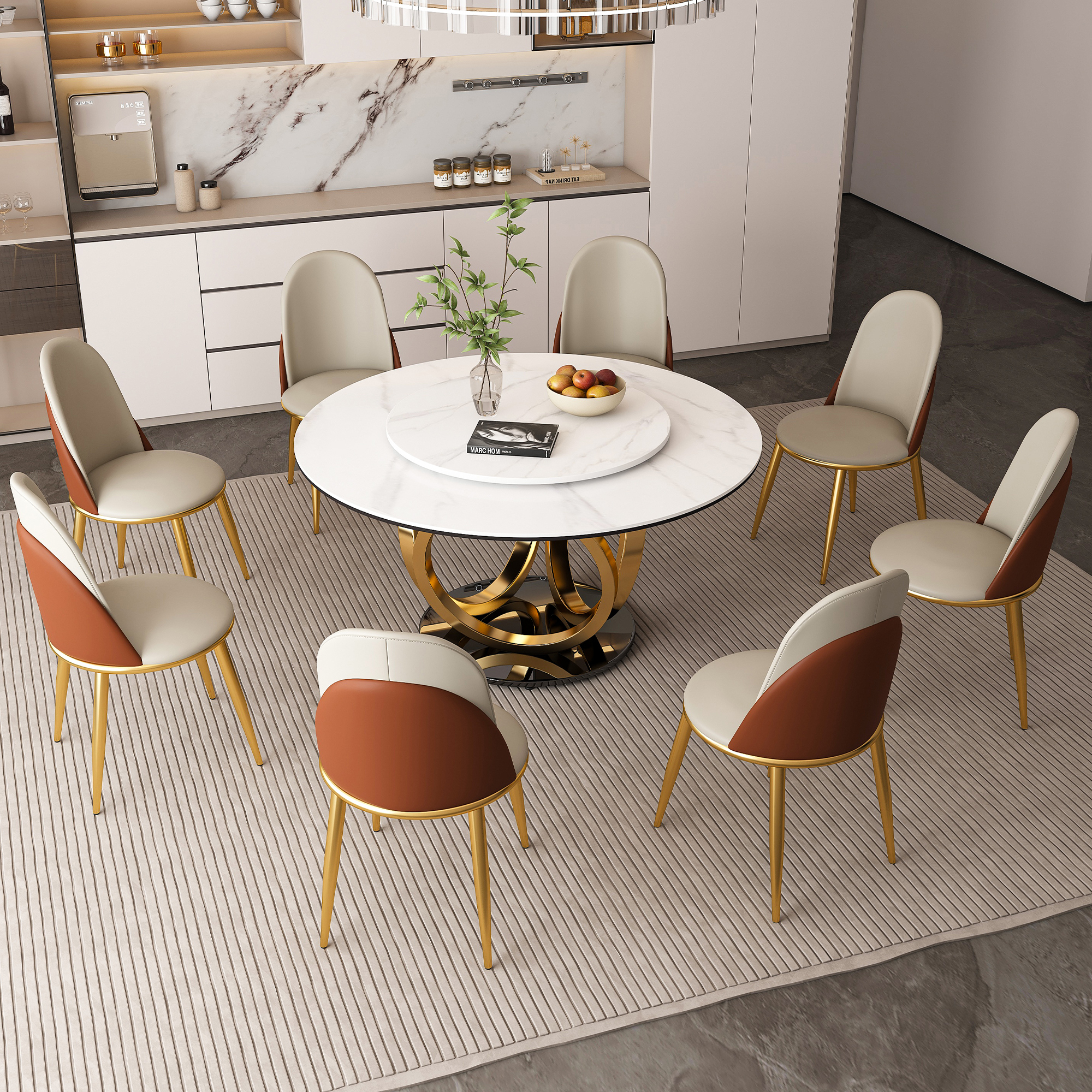 53" Round Dining Table Set with Lazy Susan - Sintered Stone Top & Gold Base, Modern 8-Person Kitchen Table