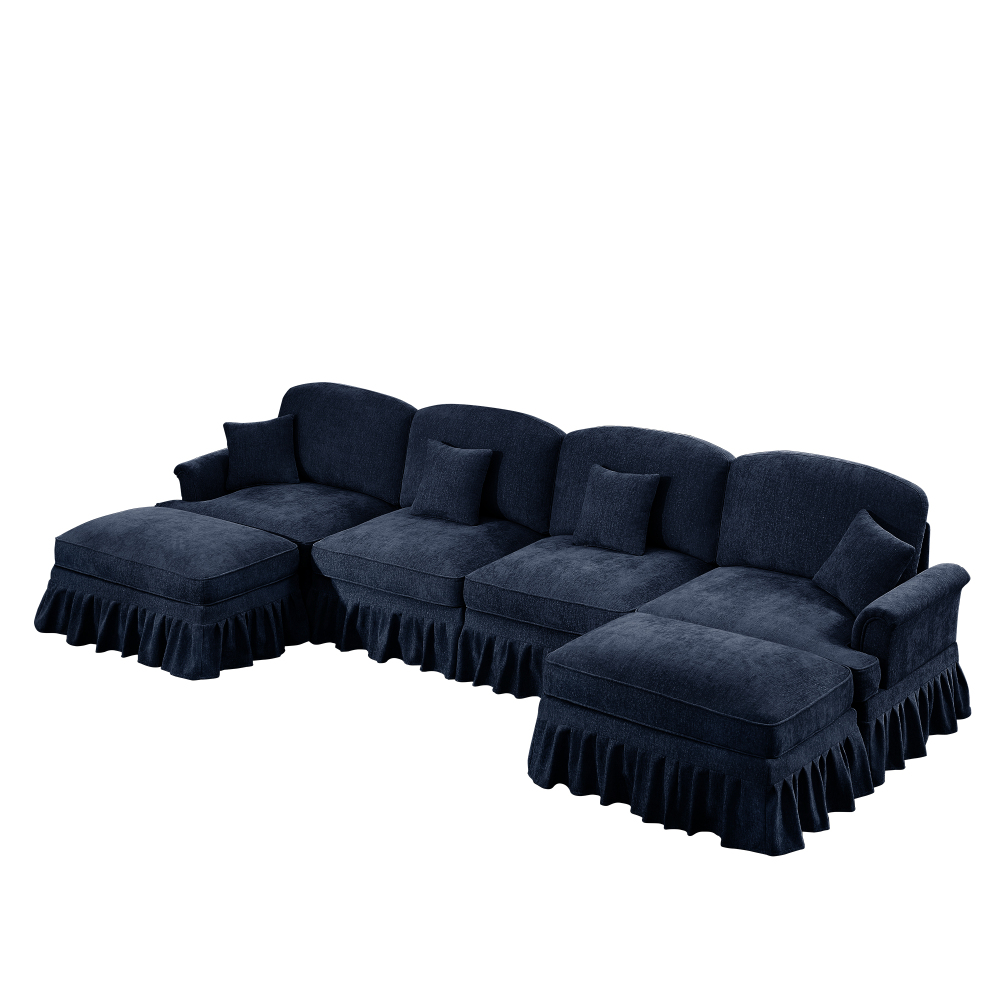 Classic Blue Chenille U-Shaped Modular Sectional Sofa with Removable Ruffled Skirt & Flared Arms