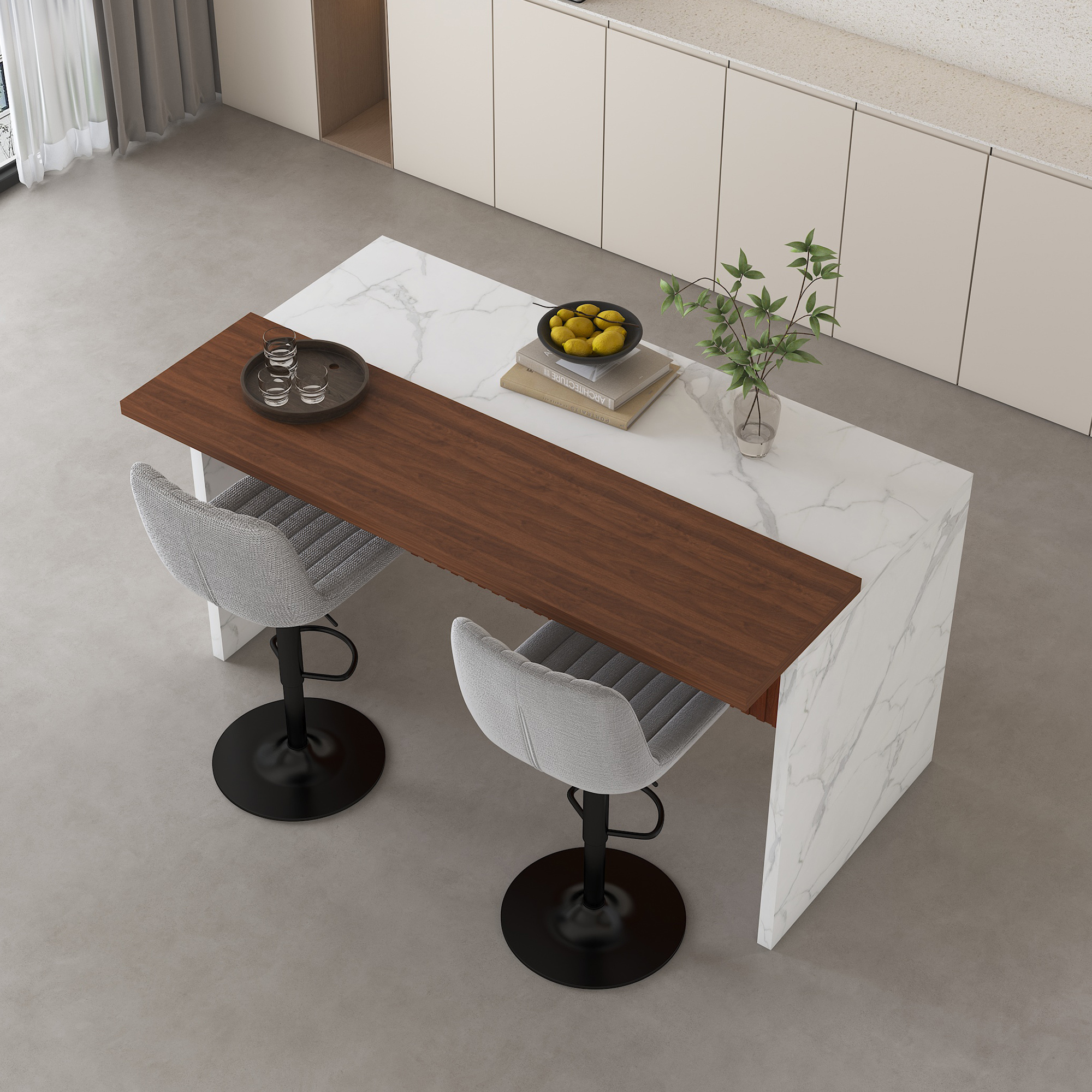 63" Modern Kitchen Island Set with LED Lighting & Marble Top - Contemporary Dining Table with Walnut Overhang, Grill Design & 2 Adjustable Gray Bar Stools for Open Concept Spaces