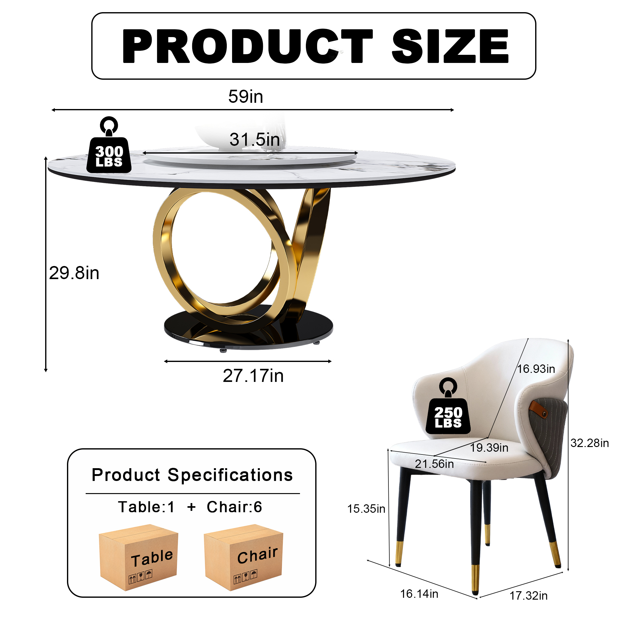 59" Round Dining Table Set with 360° Rotating Lazy Susan - Modern Sintered Stone Marble Top Kitchen Table for 6