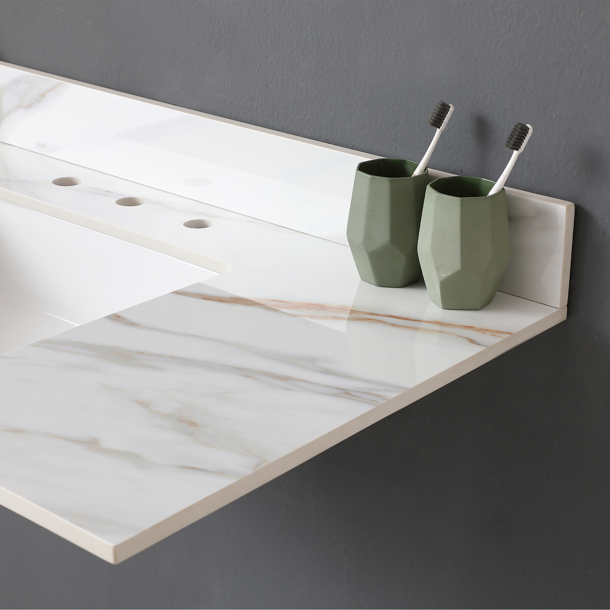 43 Inch Sintered Stone Vanity Top with Undermount Rectangular Sink, Carrara White Marble Bathroom Countertop with 4-Inch Backsplash & Pre-Drilled Faucet Holes