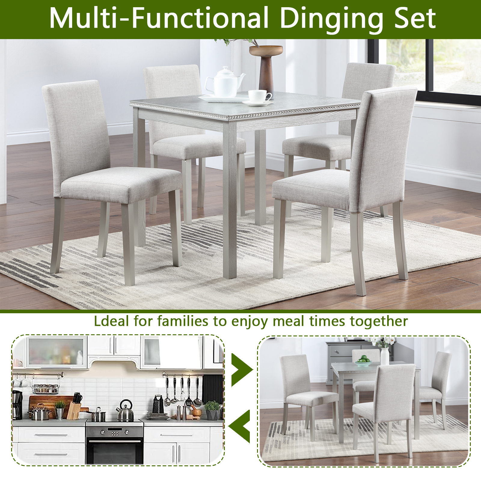 5-Piece Modern Square Dining Set with Crystal Accents, Silver Gray Wood Kitchen Table and 4 Upholstered Beige Chairs for Small Spaces