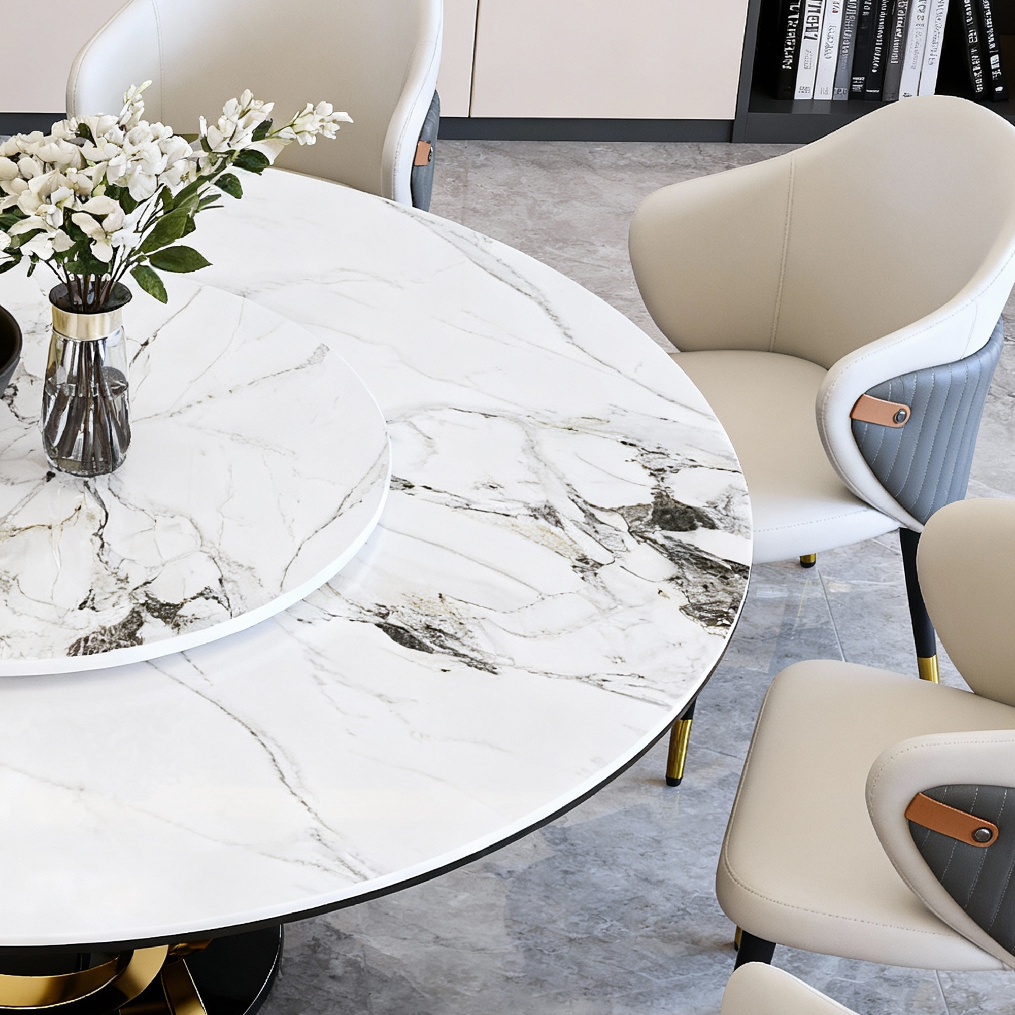 59" Round Dining Table Set with 360° Rotating Lazy Susan - Modern Sintered Stone Marble Top Kitchen Table for 6