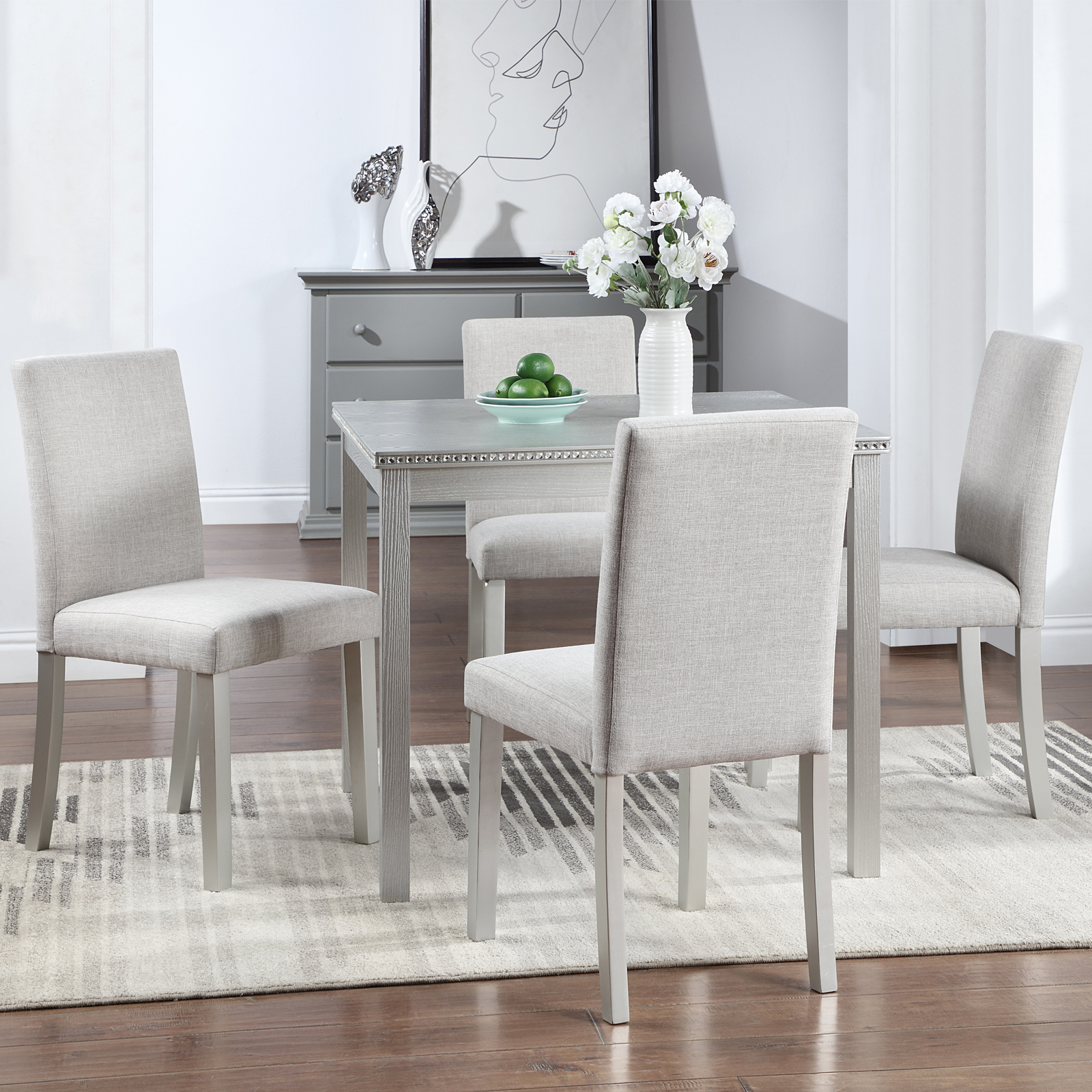 5-Piece Modern Square Dining Set with Crystal Accents, Silver Gray Wood Kitchen Table and 4 Upholstered Beige Chairs for Small Spaces