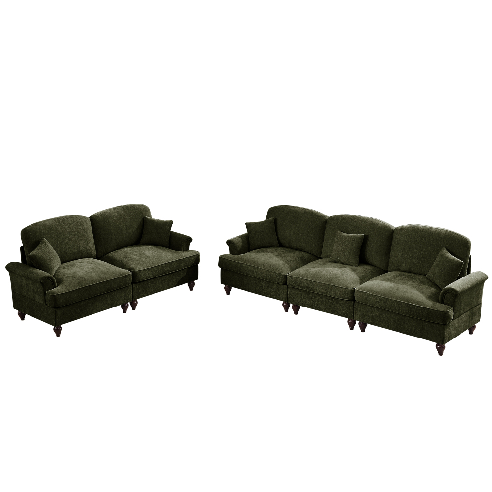 Classic Green Chenille Modular Sofa Set with Removable Ruffle Skirts, Flared Arms & Spindle Legs - 3-Seater Sectional Couch for Living Room