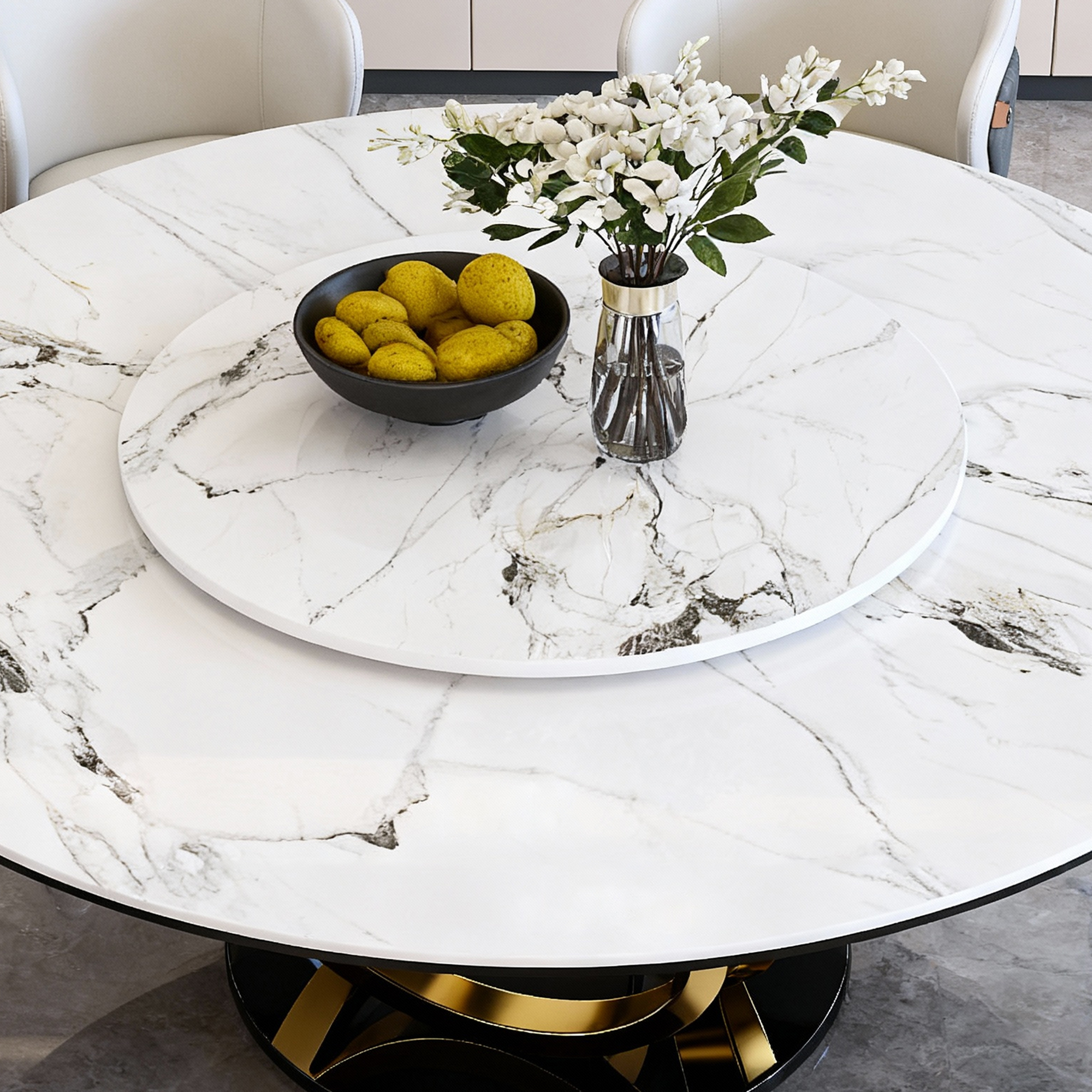59" Round Dining Table Set with 360° Rotating Lazy Susan - Modern Sintered Stone Marble Top Kitchen Table for 6