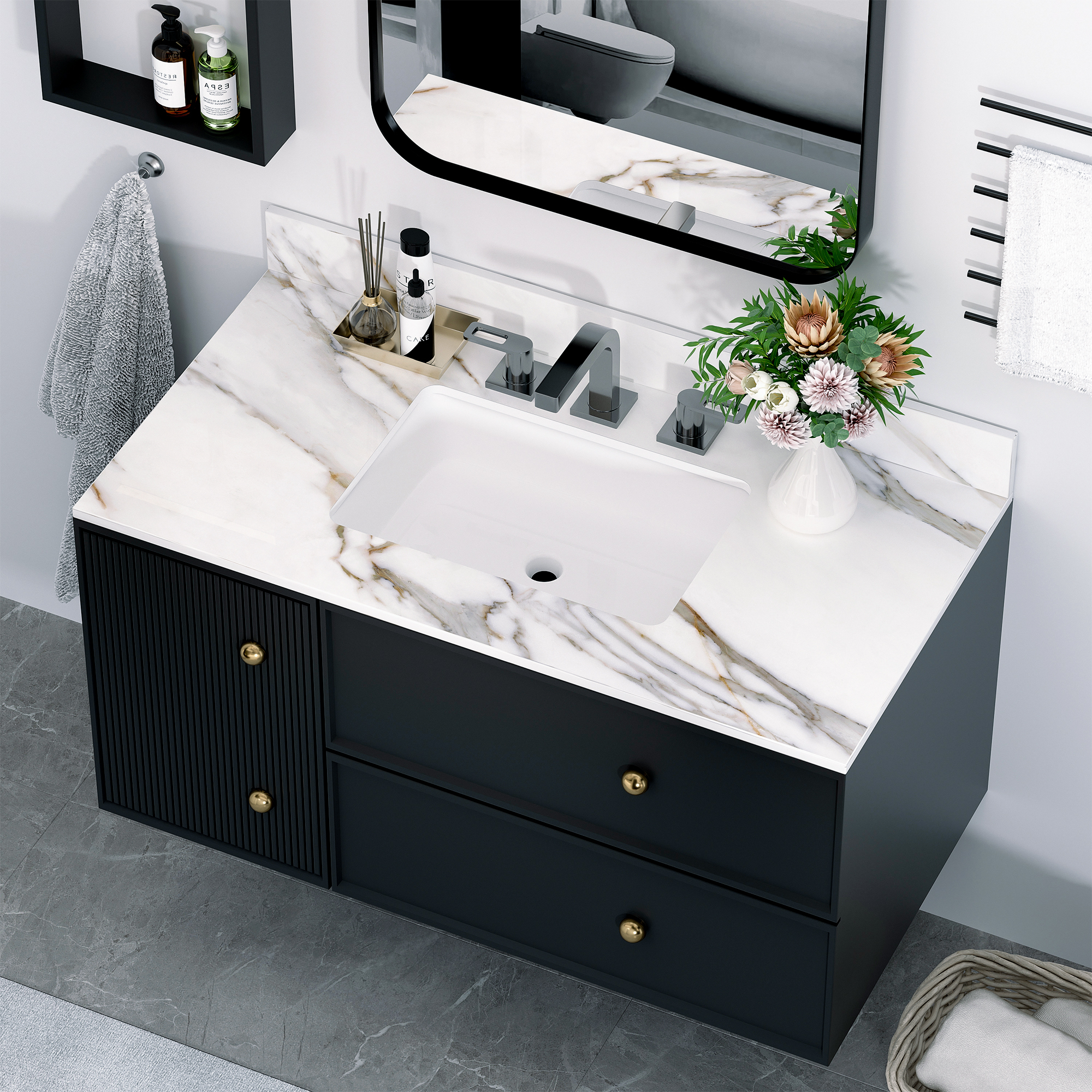 43 Inch Sintered Stone Vanity Top with Undermount Rectangular Sink, Carrara White Marble Bathroom Countertop with 4-Inch Backsplash & Pre-Drilled Faucet Holes