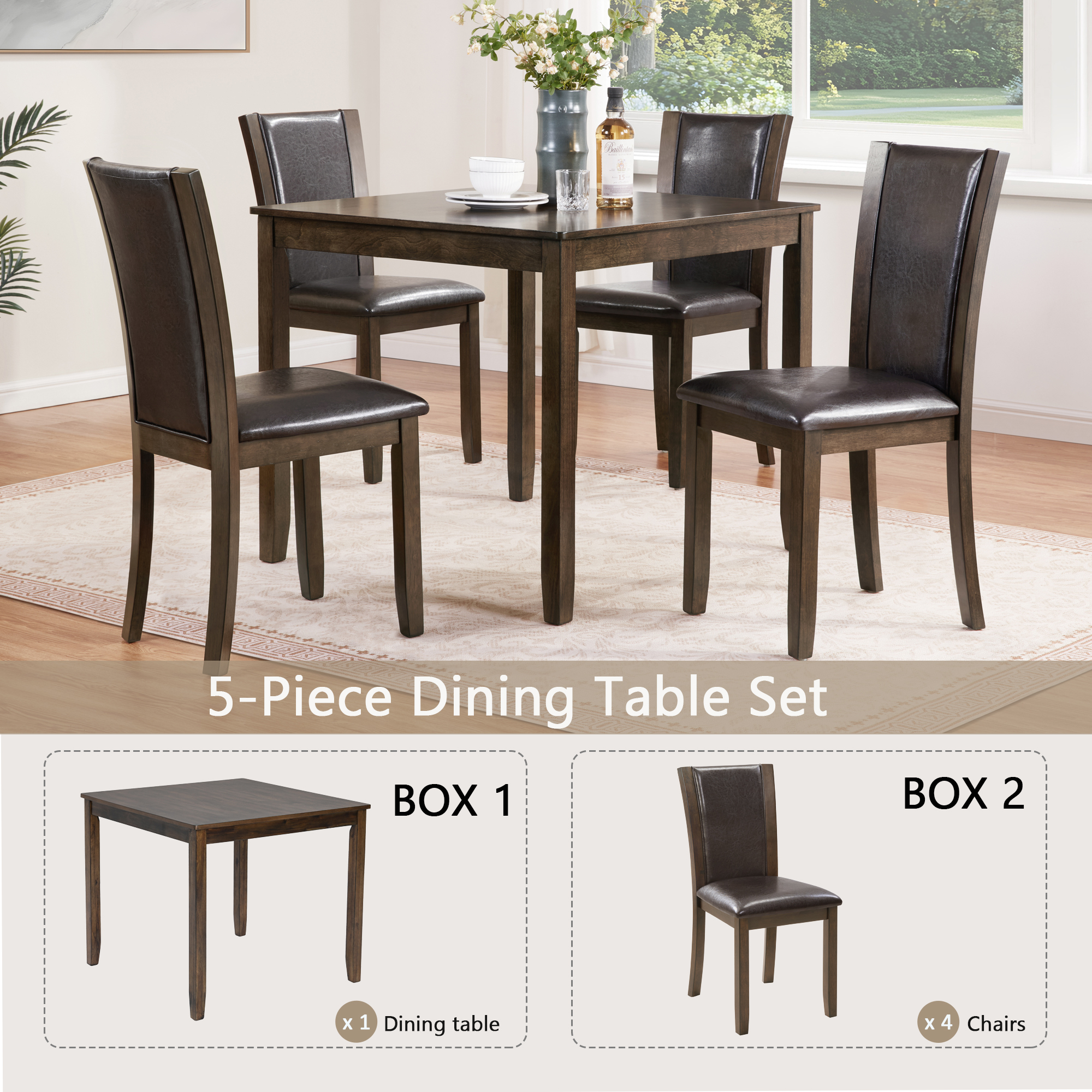 Rustic Farmhouse 5-Piece Dining Table Set with 4 Chairs - Dark Walnut Square Kitchen Table for Small Spaces
