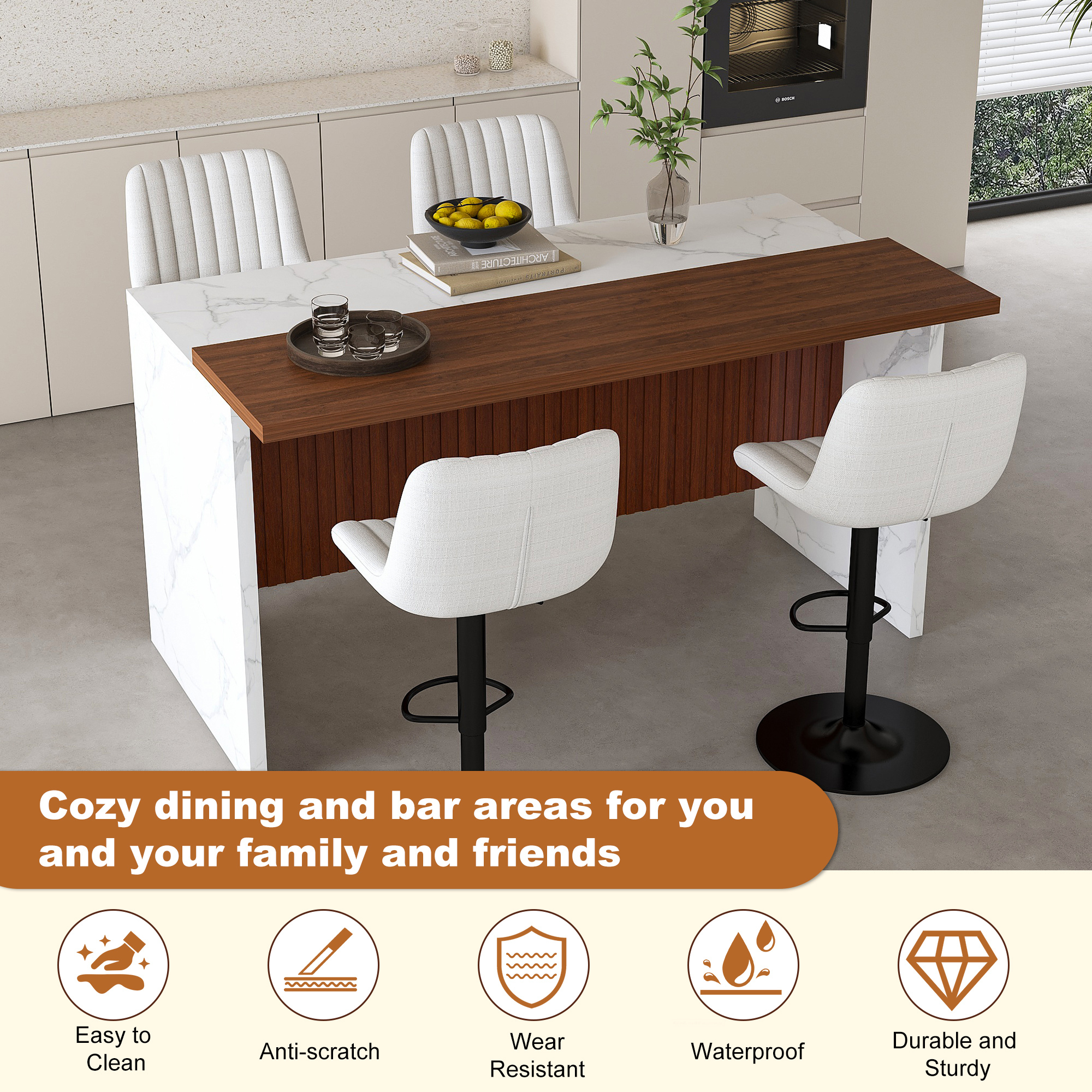 63" Modern Kitchen Island Set with LED Lighting & 4 Beige Bar Stools - White Marble Look Dining Table for Open Concept Spaces