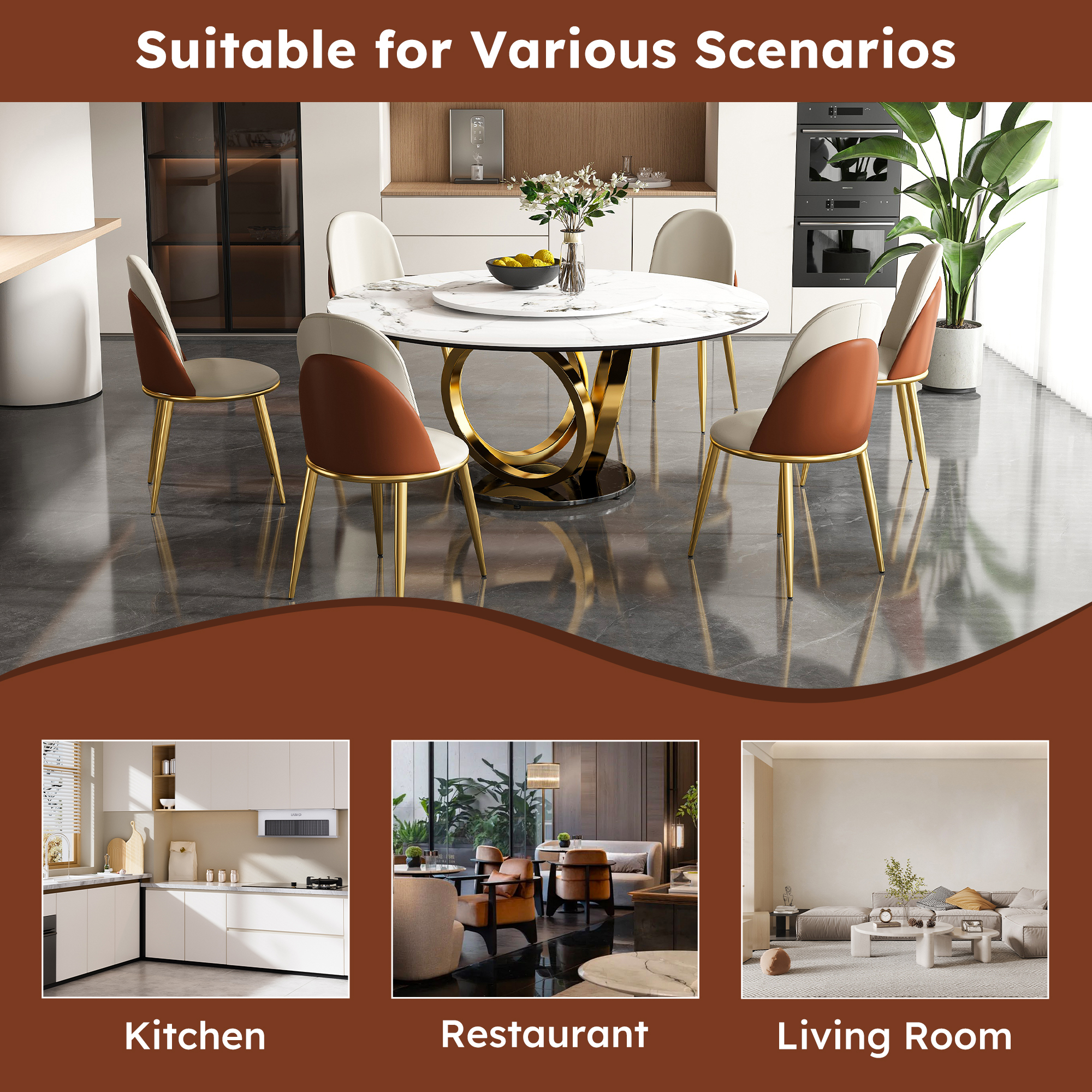 59" Round Sintered Stone Dining Table Set with Rotating Lazy Susan & Gold Base - Modern 8-Piece Kitchen Dinette Furniture