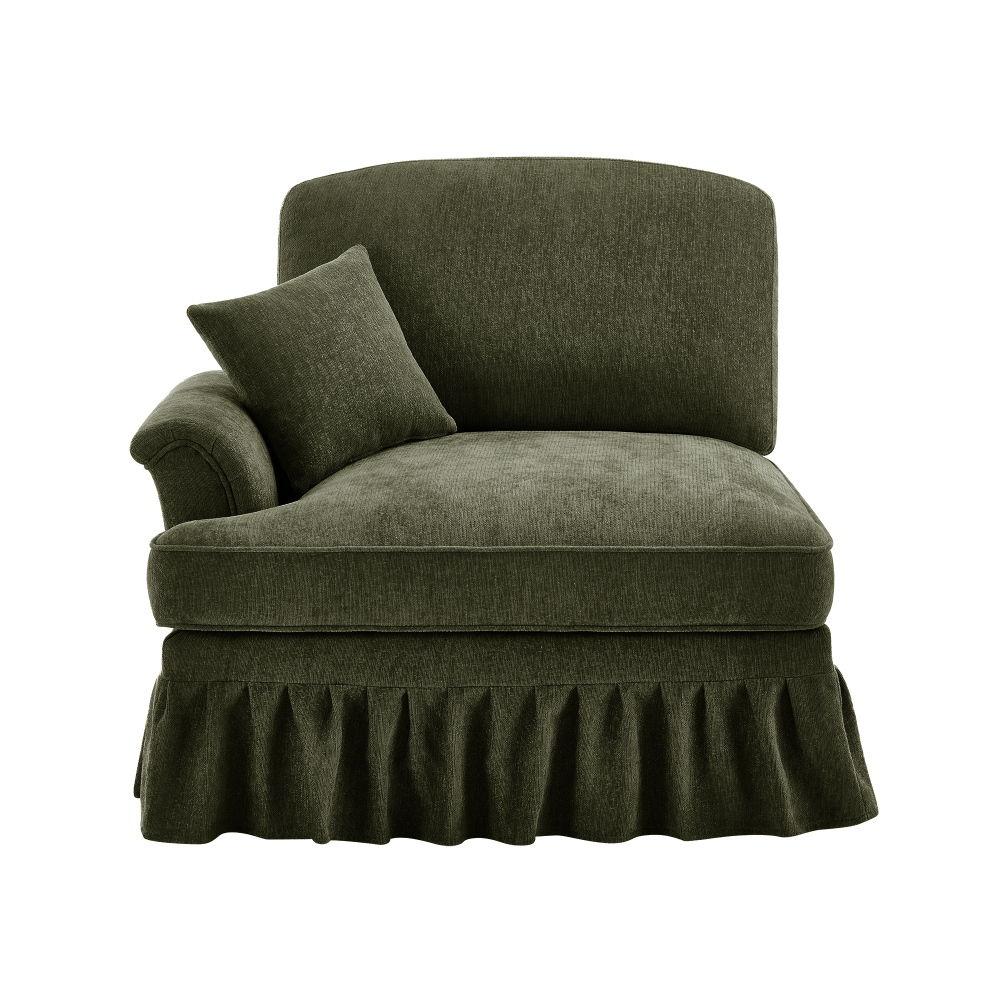 Green Chenille Modular Chaise Lounge with Detachable Ruffled Skirt & Throw Pillow - Elegant Convertible Armchair for Living Room