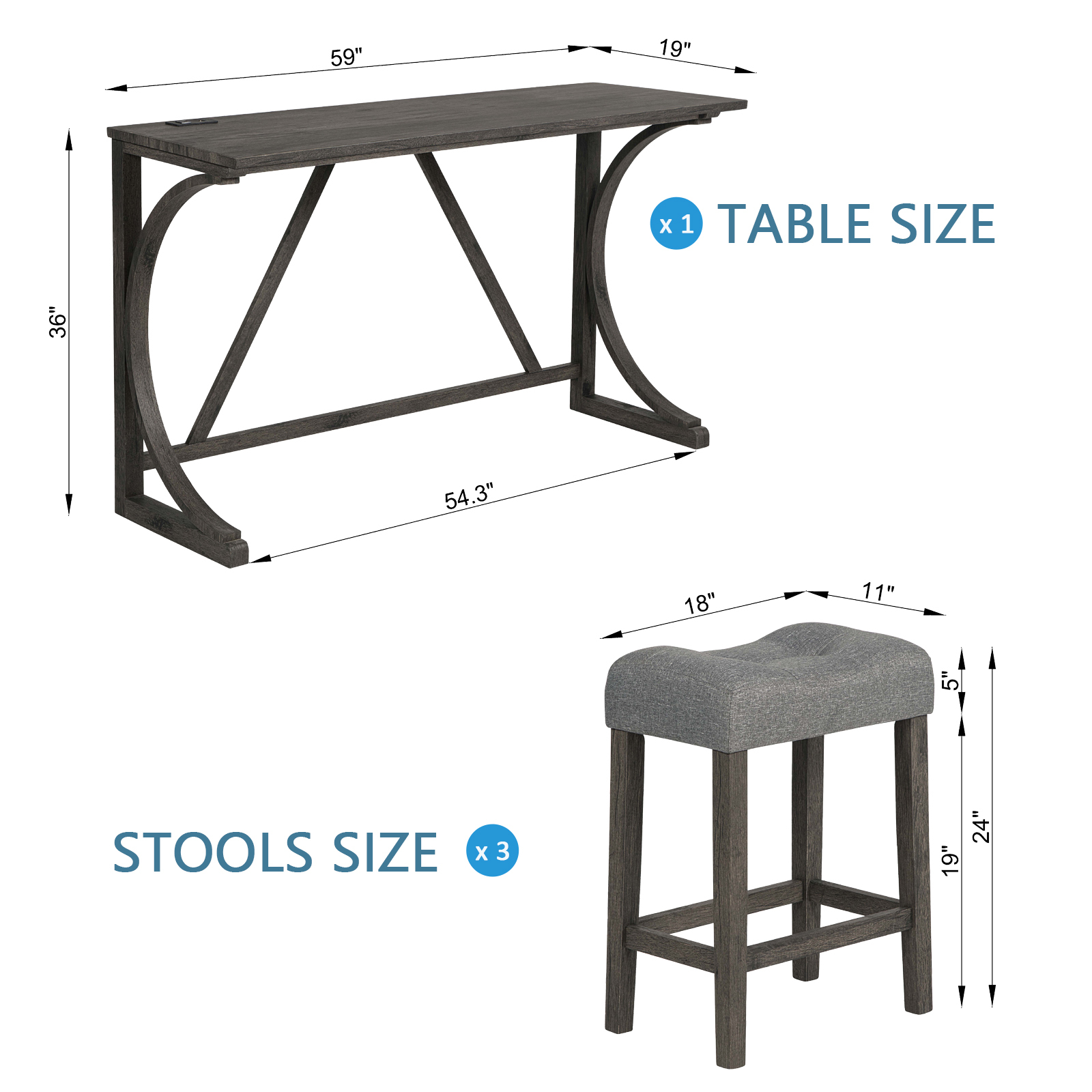 4-Piece Bar Table Set with Power Outlet & USB Ports, Dark Gray Dining Counter Height Pub Table and 3 Padded Stools for Kitchen, Living Room