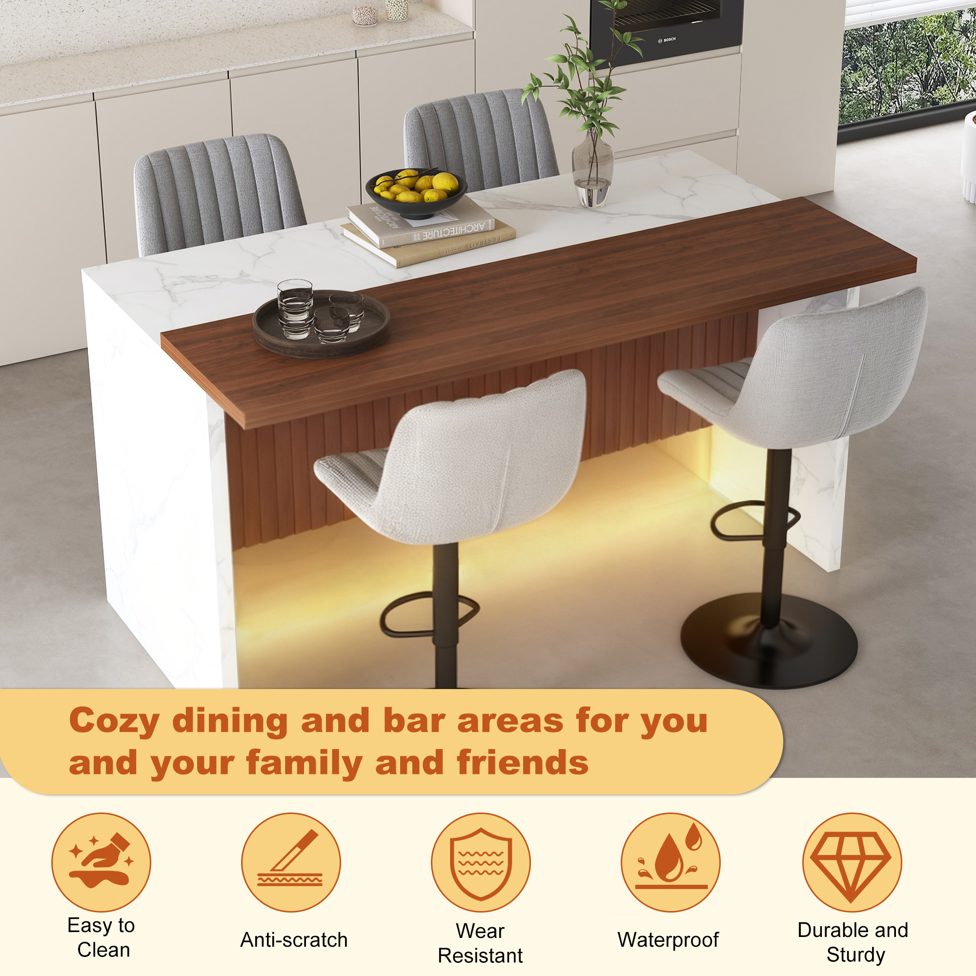 63" Modern Kitchen Island Set with LED Lighting & Marble Top - 4-Piece Dining Table with Gray Bar Stools for Open Concept Spaces