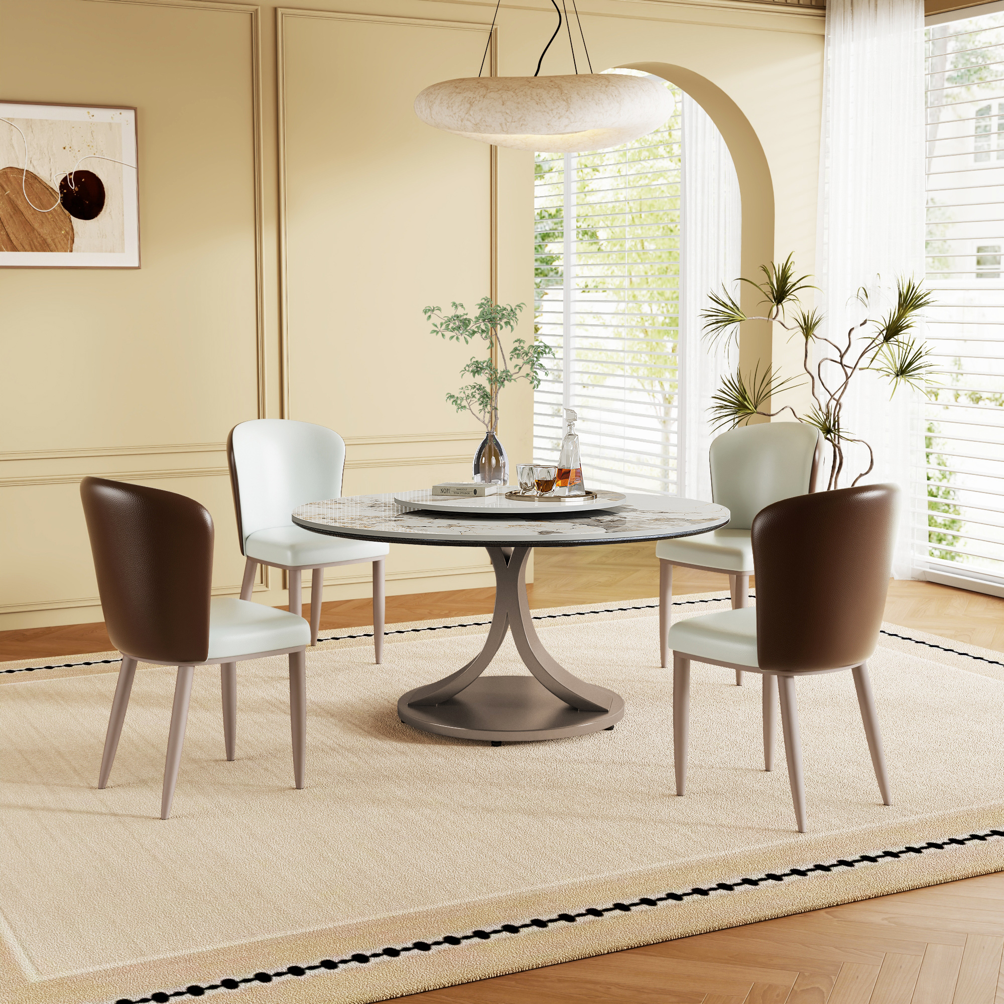 59" Round Dining Table Set with Rotating Lazy Susan - Scratch & Heat Resistant Sintered Stone Top, Stainless Steel Base, Modern Luxury Kitchen Furniture for 4-8 People