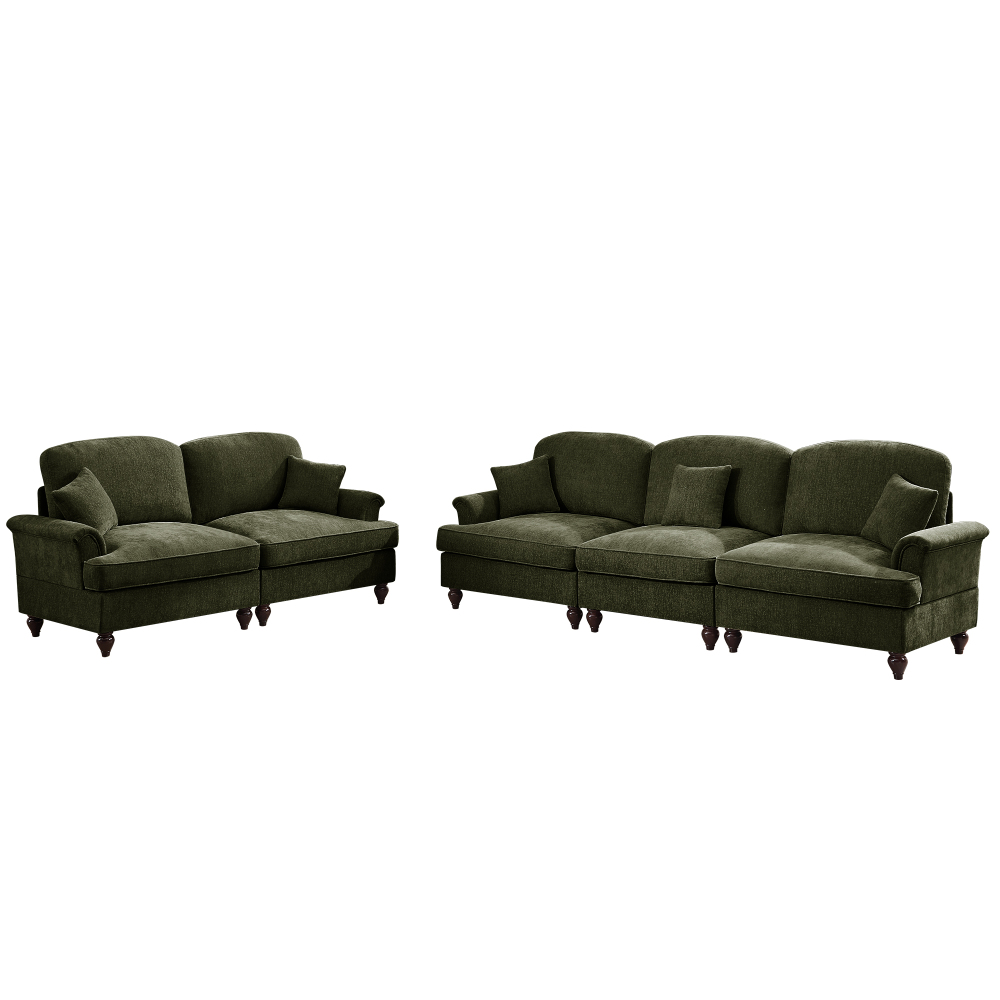 Classic Green Chenille Modular Sofa Set with Removable Ruffle Skirts, Flared Arms & Spindle Legs - 3-Seater Sectional Couch for Living Room