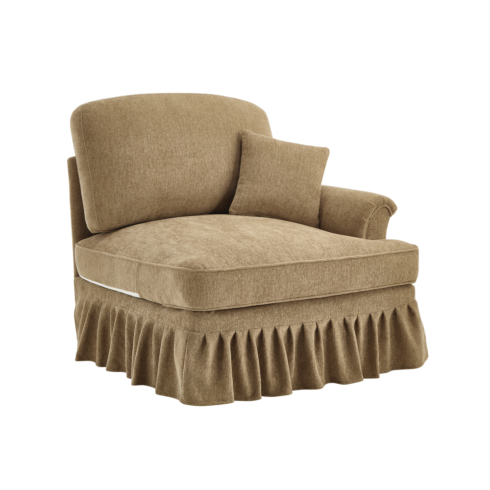Elegant Light Coffee Chenille Armchair with Detachable Skirt & Spindle Legs - Transitional Style Living Room Accent Chair