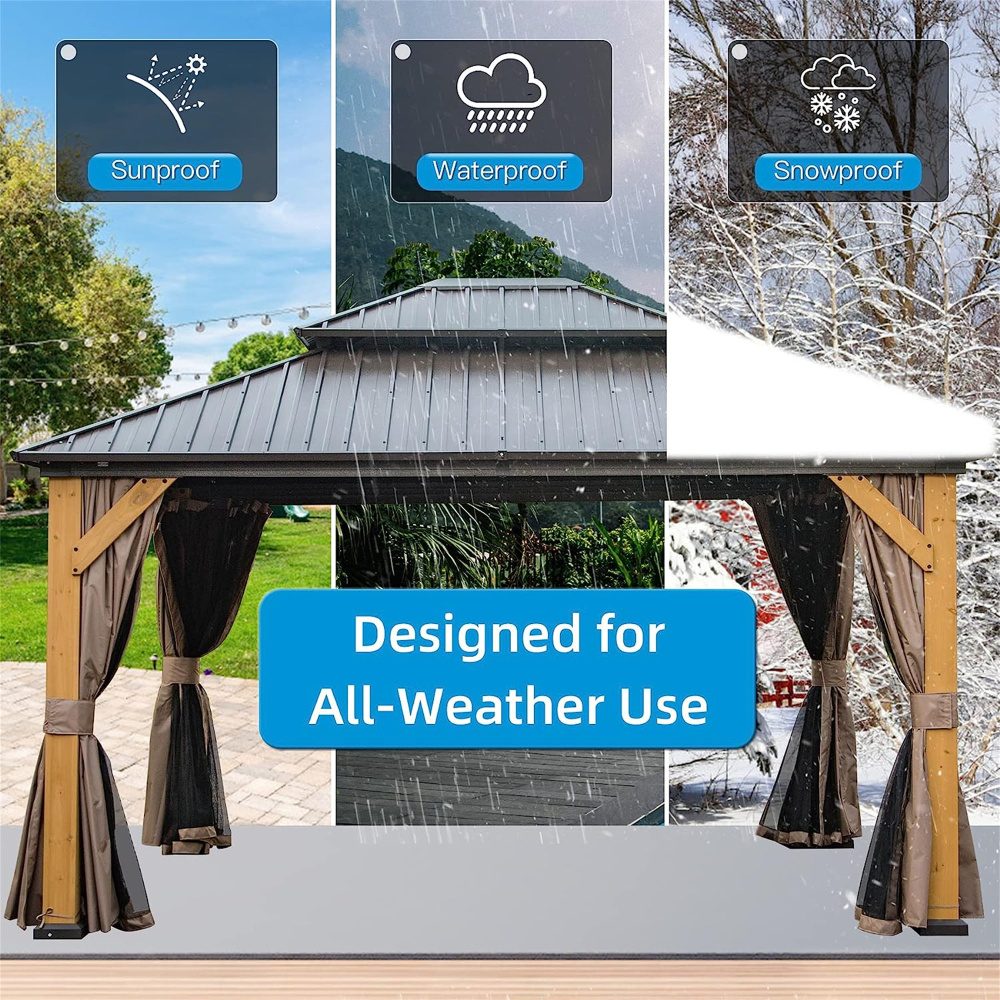 12'x14' Hardtop Gazebo with Galvanized Steel Double Roof, Cedar Wood Frame Outdoor Pavilion with Privacy Curtains & Mosquito Netting for Patio