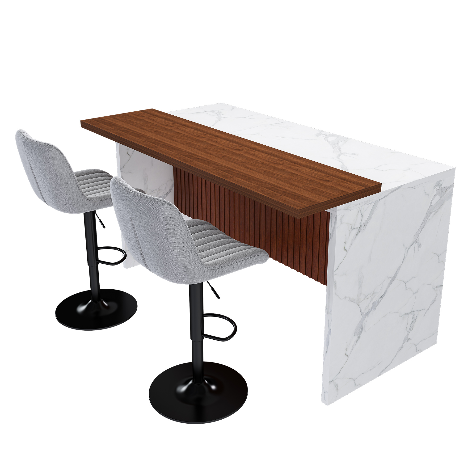 63" Modern Kitchen Island Set with LED Lighting & Marble Top - Contemporary Dining Table with Walnut Overhang, Grill Design & 2 Adjustable Gray Bar Stools for Open Concept Spaces
