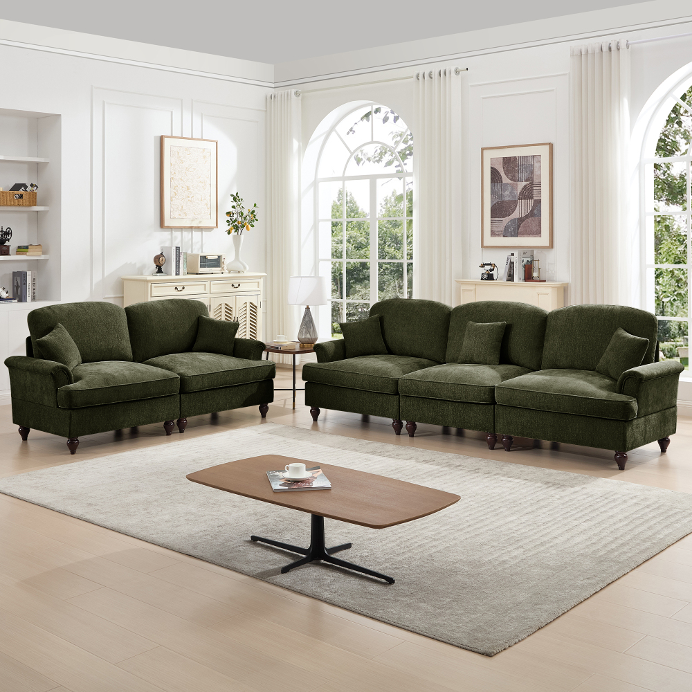 Classic Green Chenille Modular Sofa Set with Removable Ruffle Skirts, Flared Arms & Spindle Legs - 3-Seater Sectional Couch for Living Room