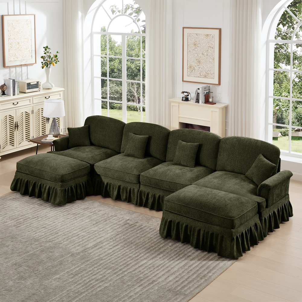 Classic Green Chenille U-Shaped Modular Sectional Sofa with Removable Ruffle Skirt & Flared Arms