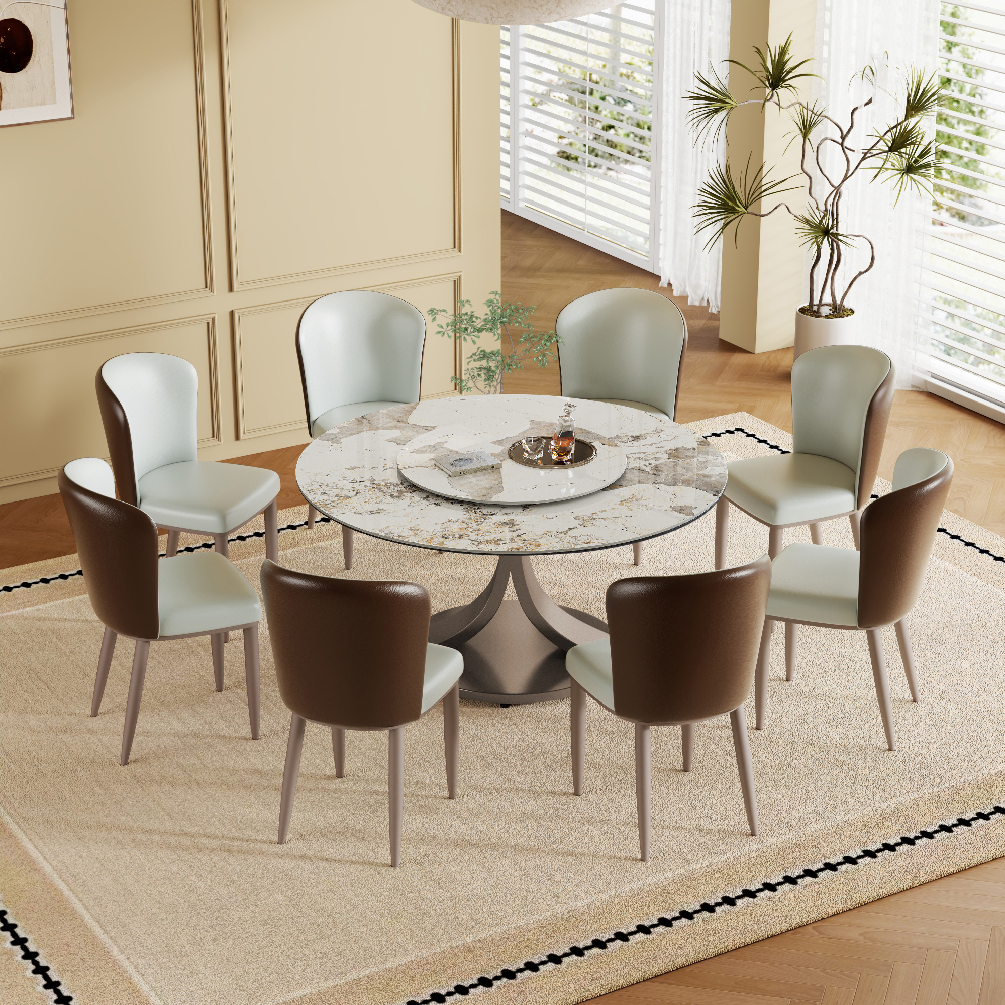 59" Round Dining Table Set with 360° Rotating Lazy Susan - Scratch & Heat Resistant Sintered Stone Top, Stainless Steel Base for Modern Kitchen