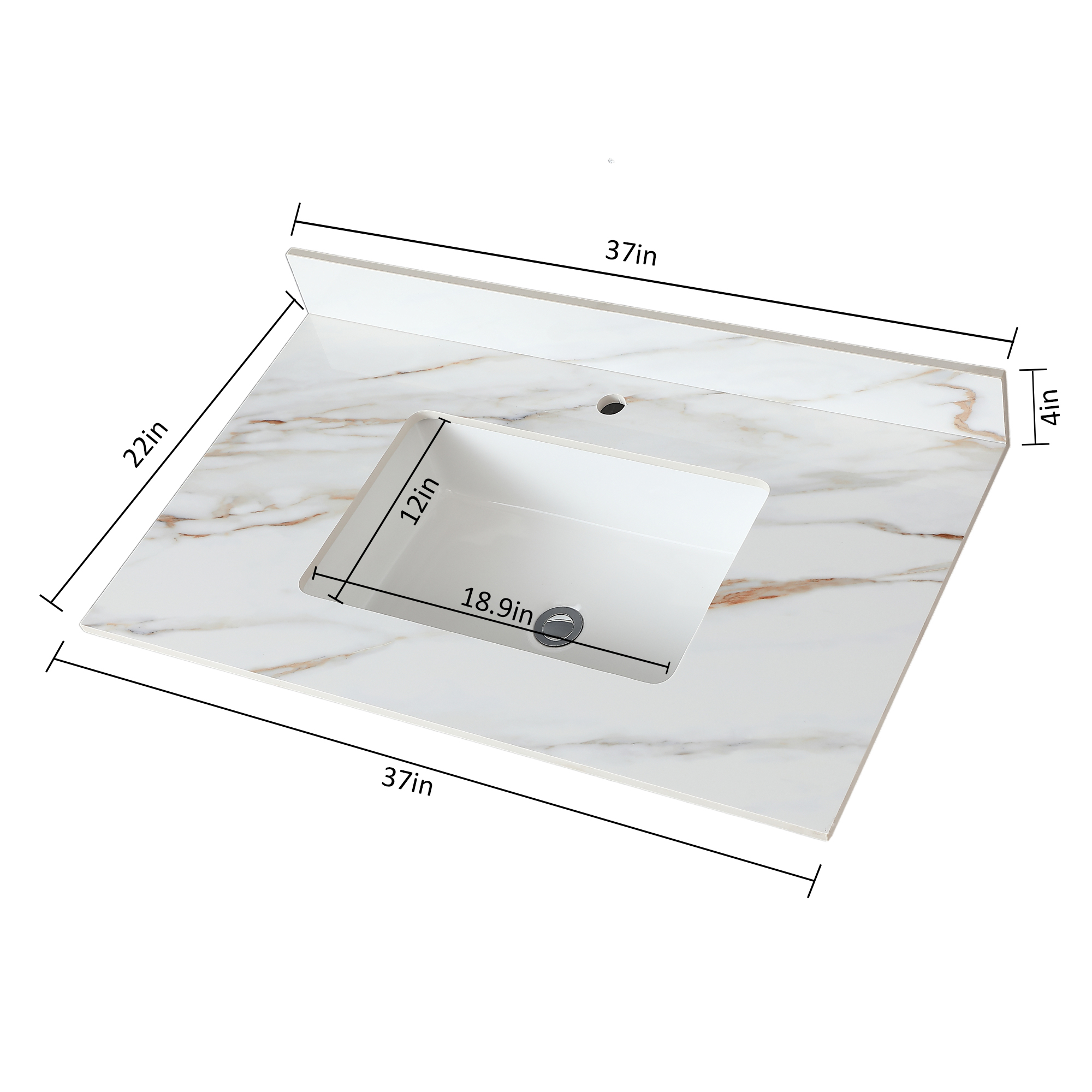 37" Sintered Stone Bathroom Vanity Top with Undermount Rectangular Sink - Carrara White Marble Countertop with 4" Backsplash
