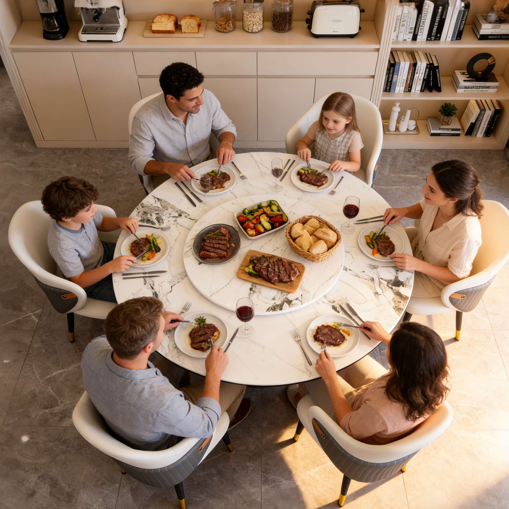 59" Round Dining Table Set with 360° Rotating Lazy Susan - Modern Sintered Stone Marble Top Kitchen Table for 6