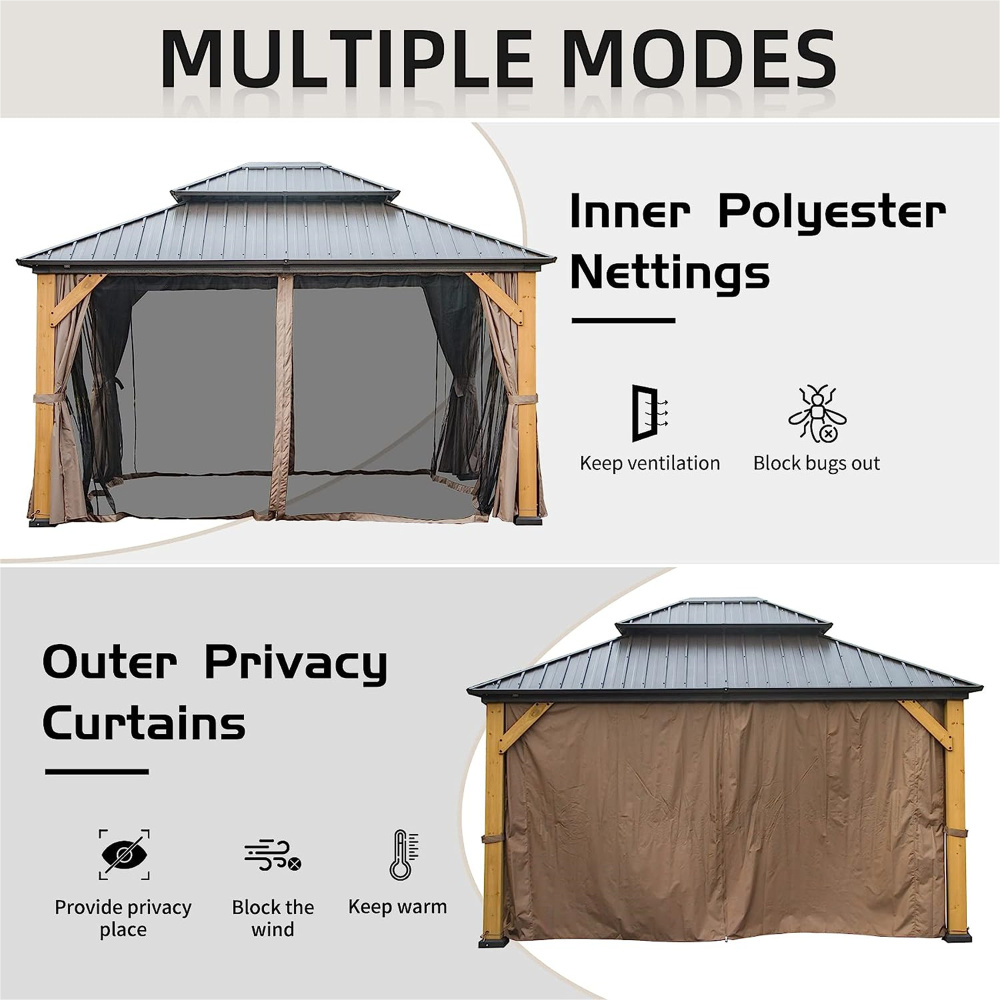 12'x14' Hardtop Gazebo with Galvanized Steel Double Roof, Cedar Wood Frame Outdoor Pavilion with Privacy Curtains & Mosquito Netting for Patio