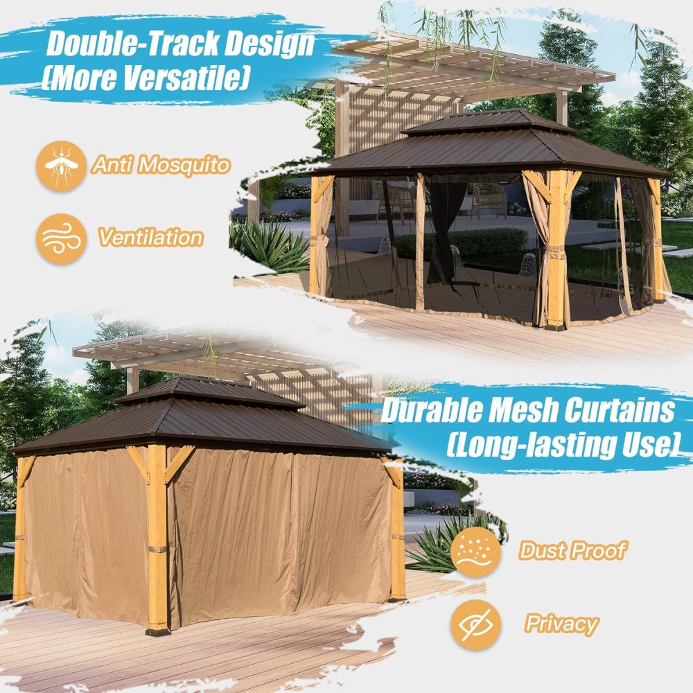 10x14 FT Cedar Wood Hardtop Gazebo with Galvanized Steel Double Roof, Outdoor Pavilion with Netting & Curtains for Patio, Backyard, and Deck