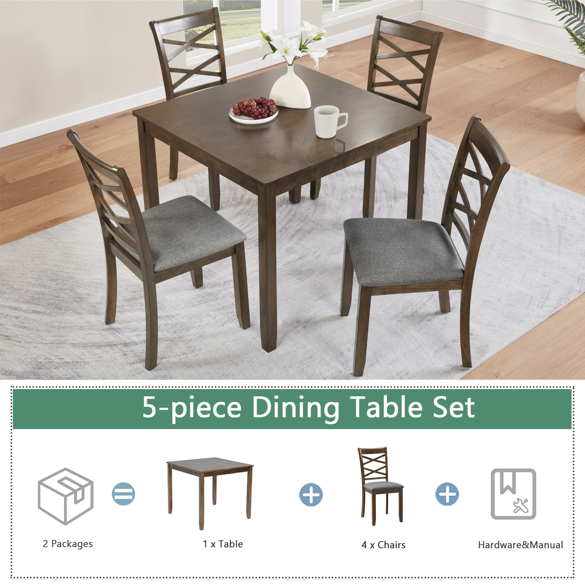 Modern 5-Piece Square Dining Table Set for 4, Walnut Finish Wood Kitchen Table with Upholstered Chairs