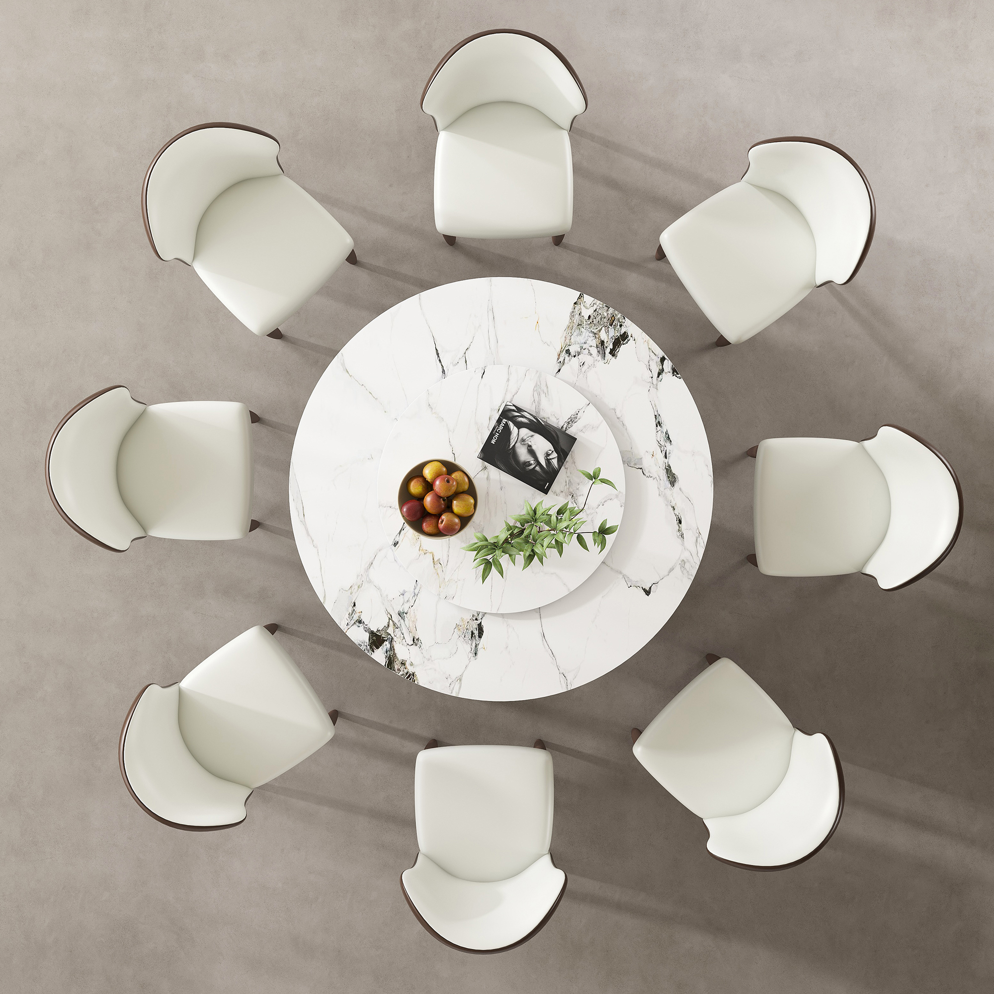 53" Round Sintered Stone Dining Table Set with Rotating Lazy Susan & 8 Modern Chairs - Scratch Resistant Luxury Kitchen Furniture