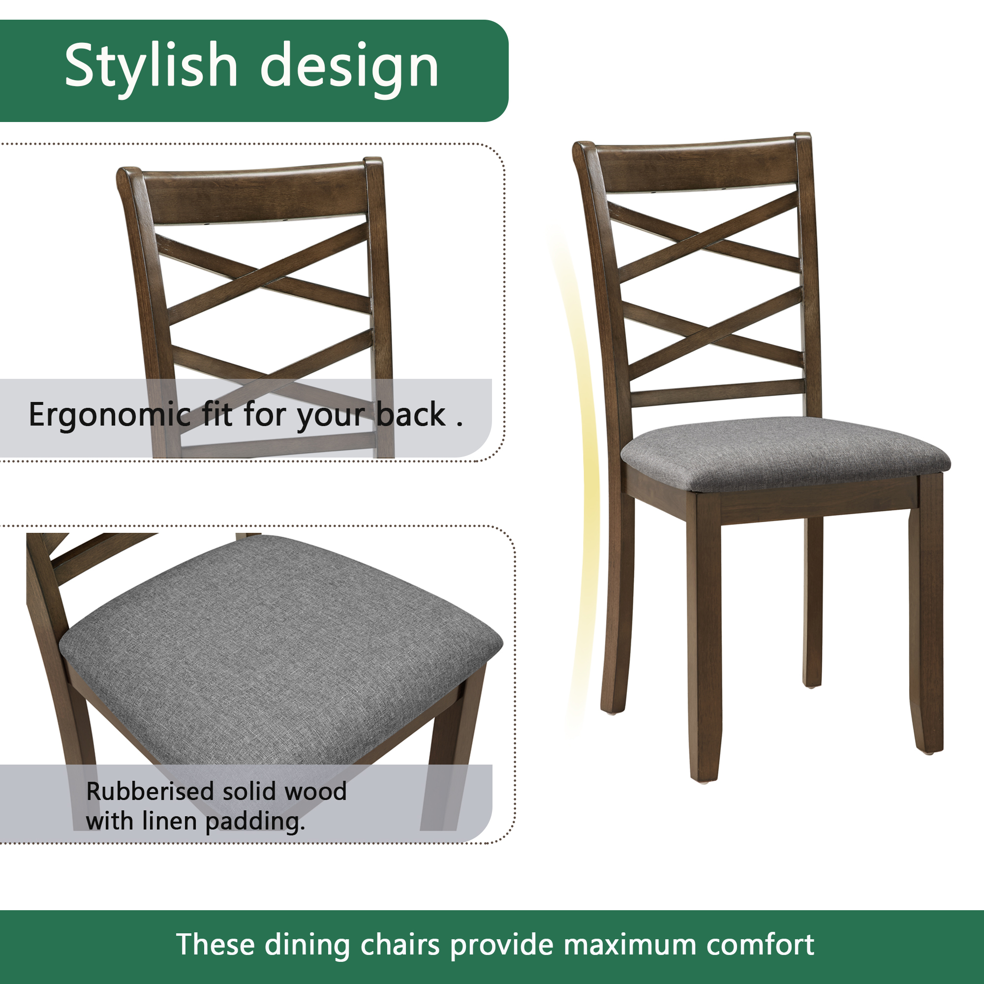 Modern 5-Piece Square Dining Table Set for 4, Walnut Finish Wood Kitchen Table with Upholstered Chairs