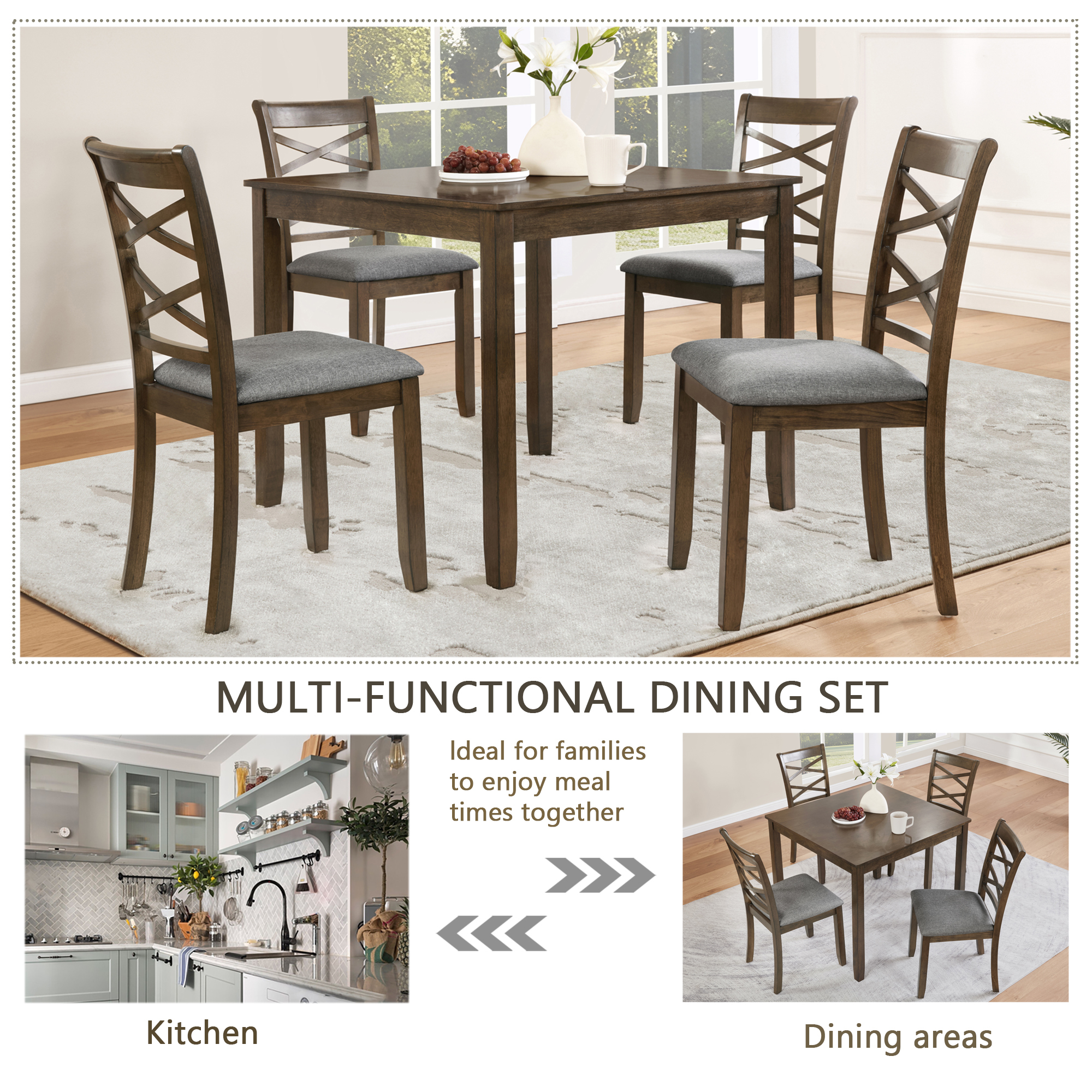 Modern 5-Piece Square Dining Table Set for 4, Walnut Finish Wood Kitchen Table with Upholstered Chairs