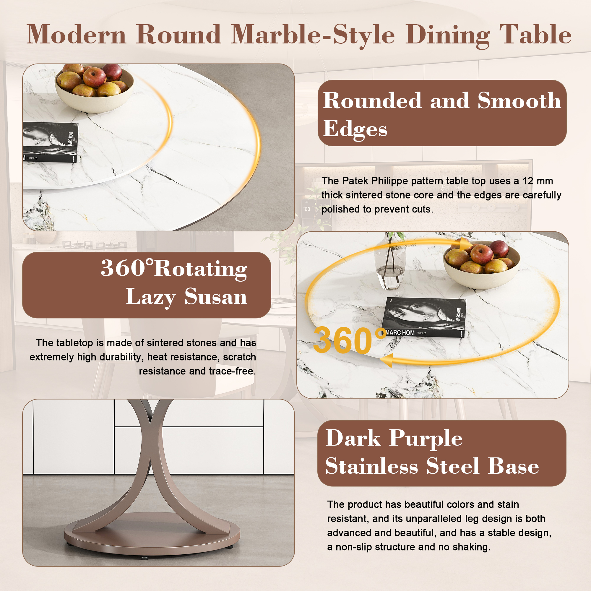 53" Round Sintered Stone Dining Table Set with Rotating Lazy Susan & 8 Modern Chairs - Scratch Resistant Luxury Kitchen Furniture