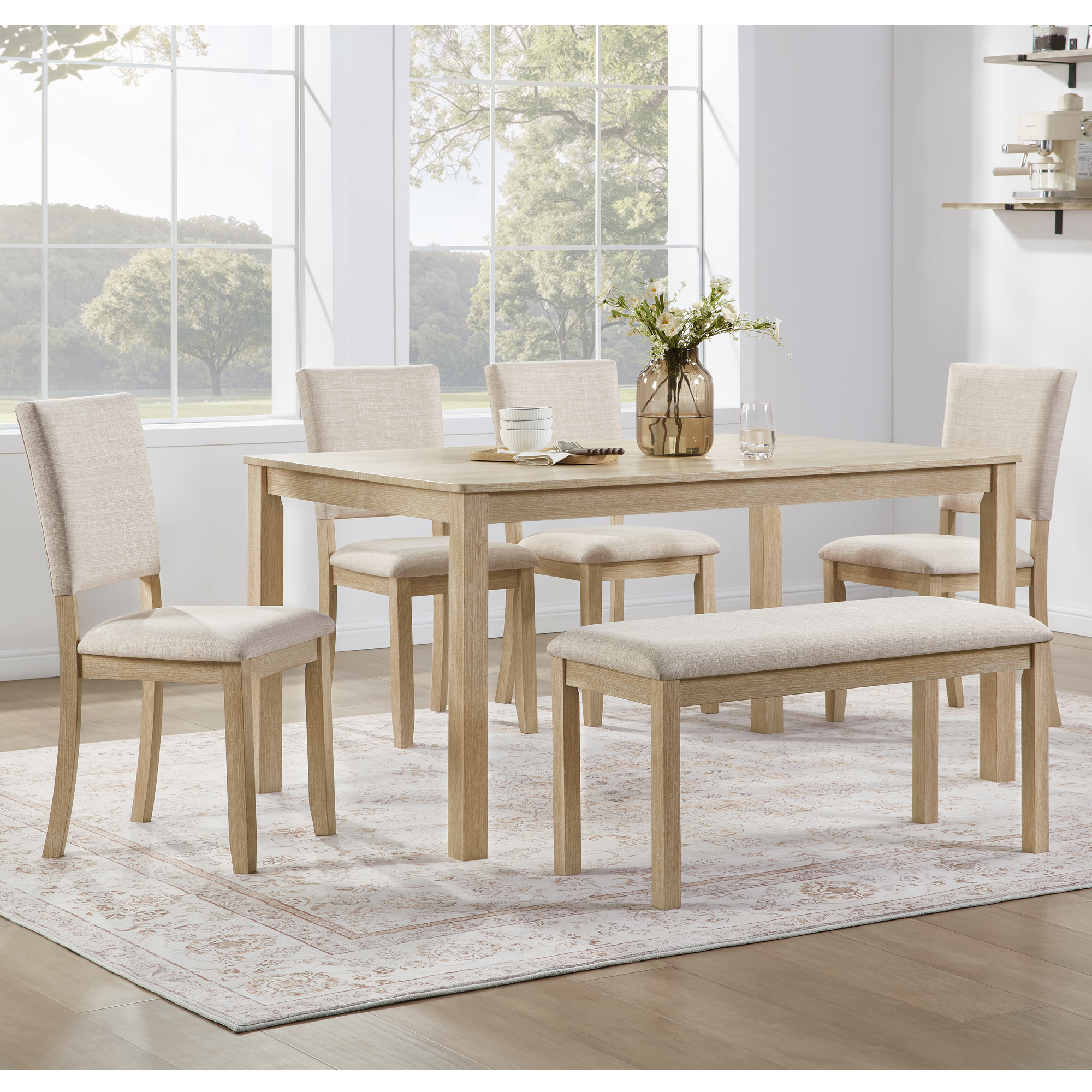Modern 6-Piece Dining Set with Bench & 4 Chairs - Light Oak Rectangular Kitchen Table Ensemble