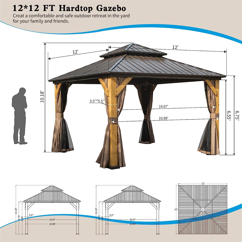 12'x12' Hardtop Gazebo with Cedar Wood Frame & Galvanized Steel Roof, Permanent Outdoor Patio Pavilion with Privacy Curtains & Bug Netting