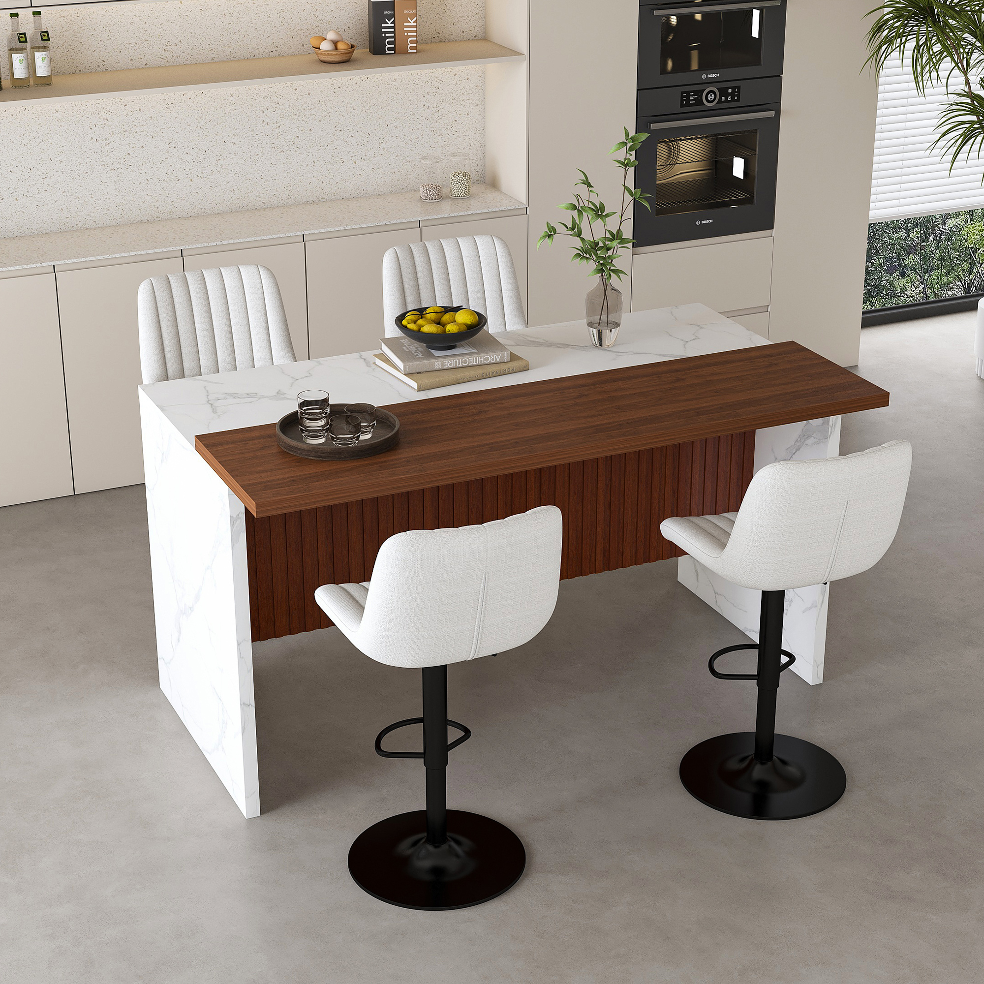 63" Modern Kitchen Island Set with LED Lighting & 4 Beige Bar Stools - White Marble Look Dining Table for Open Concept Spaces
