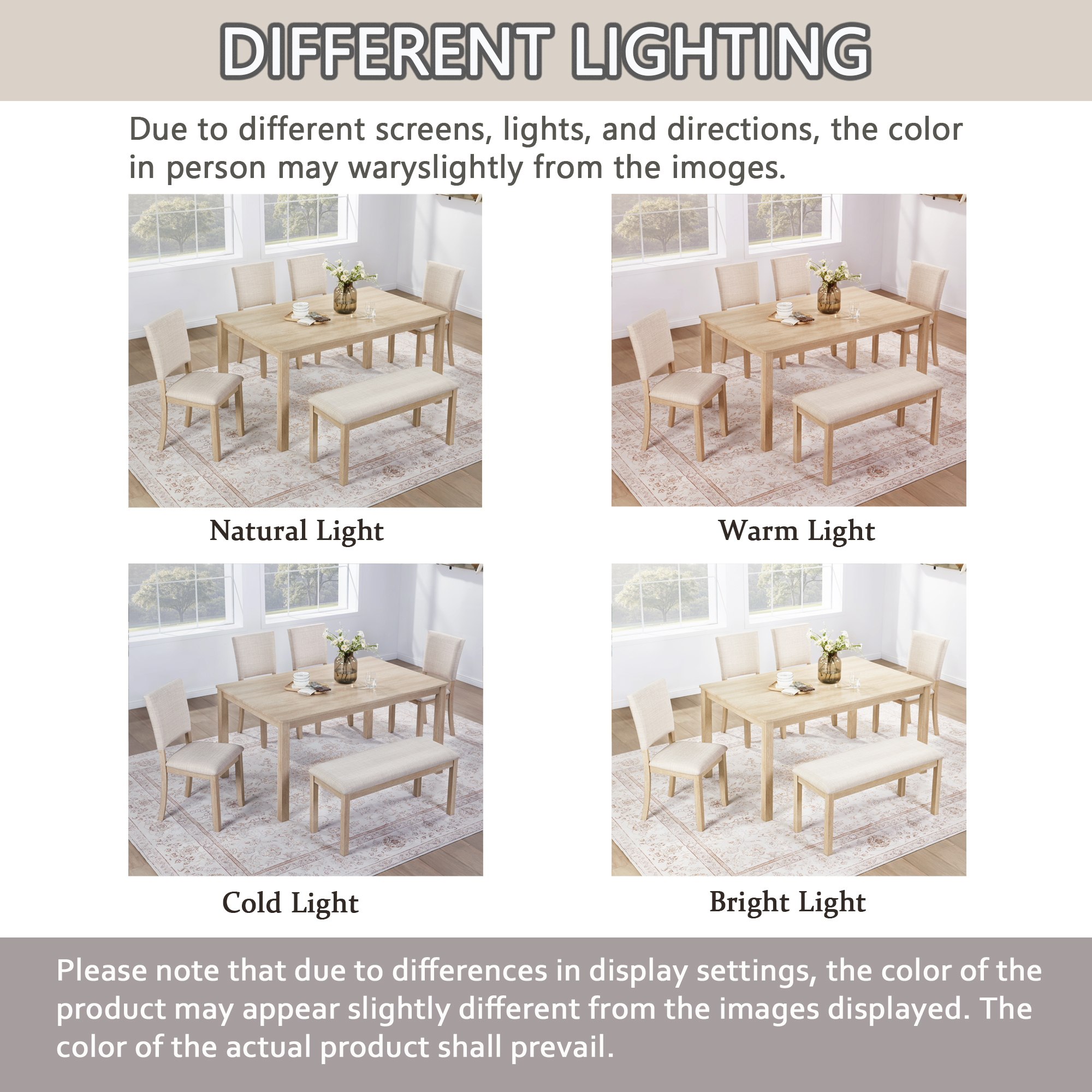 Modern 6-Piece Dining Set with Bench & 4 Chairs - Light Oak Rectangular Kitchen Table Ensemble