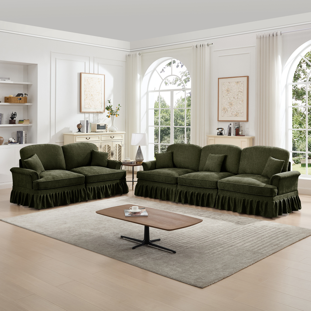 Classic Green Chenille Modular Sofa Set with Removable Ruffle Skirts, Flared Arms & Spindle Legs - 3-Seater Sectional Couch for Living Room