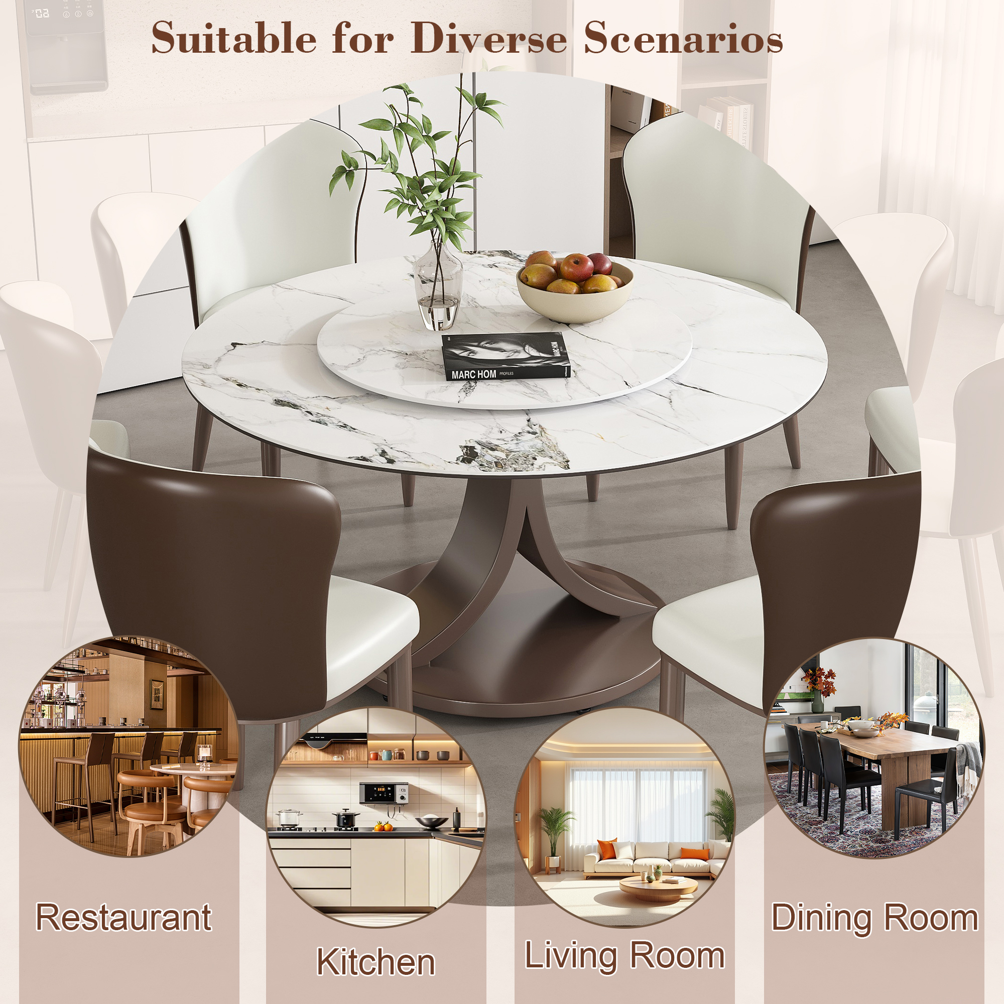 53" Round Sintered Stone Dining Table Set with Rotating Lazy Susan & 8 Modern Chairs - Scratch Resistant Luxury Kitchen Furniture
