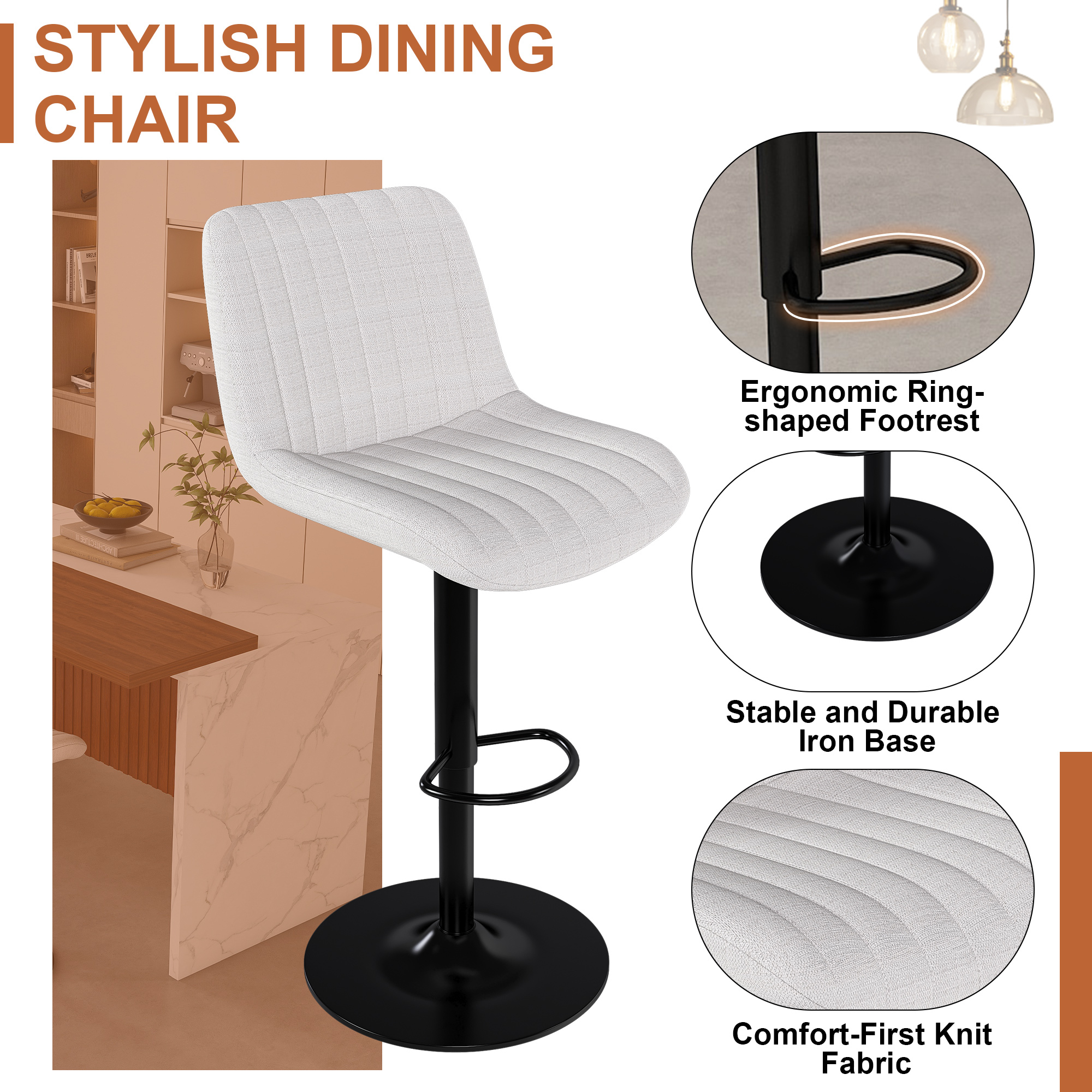 63" Modern Kitchen Island Set with LED Lighting & 4 Beige Bar Stools - White Marble Look Dining Table for Open Concept Spaces