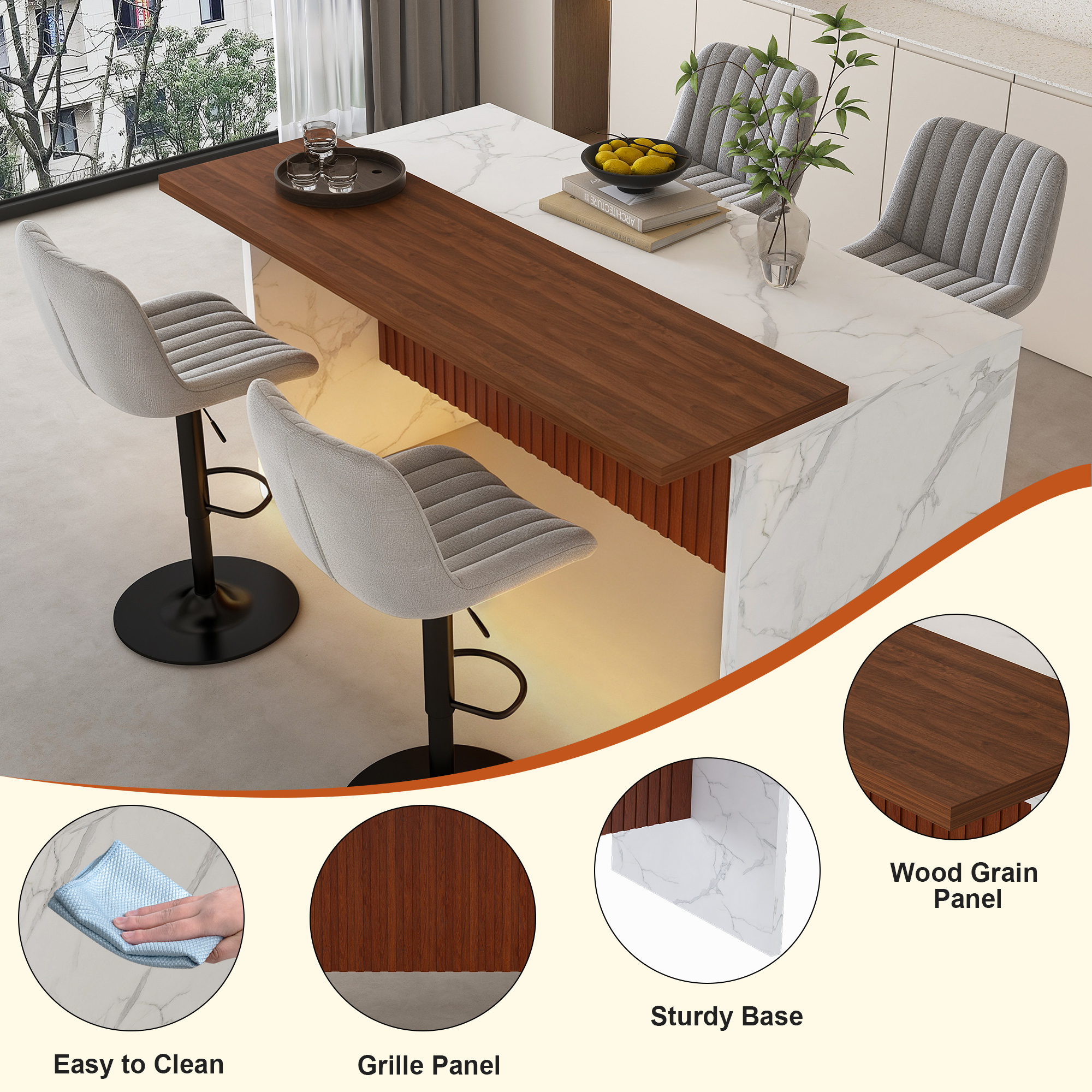 63" Modern Kitchen Island Set with LED Lighting & Marble Top - 4-Piece Dining Table with Gray Bar Stools for Open Concept Spaces