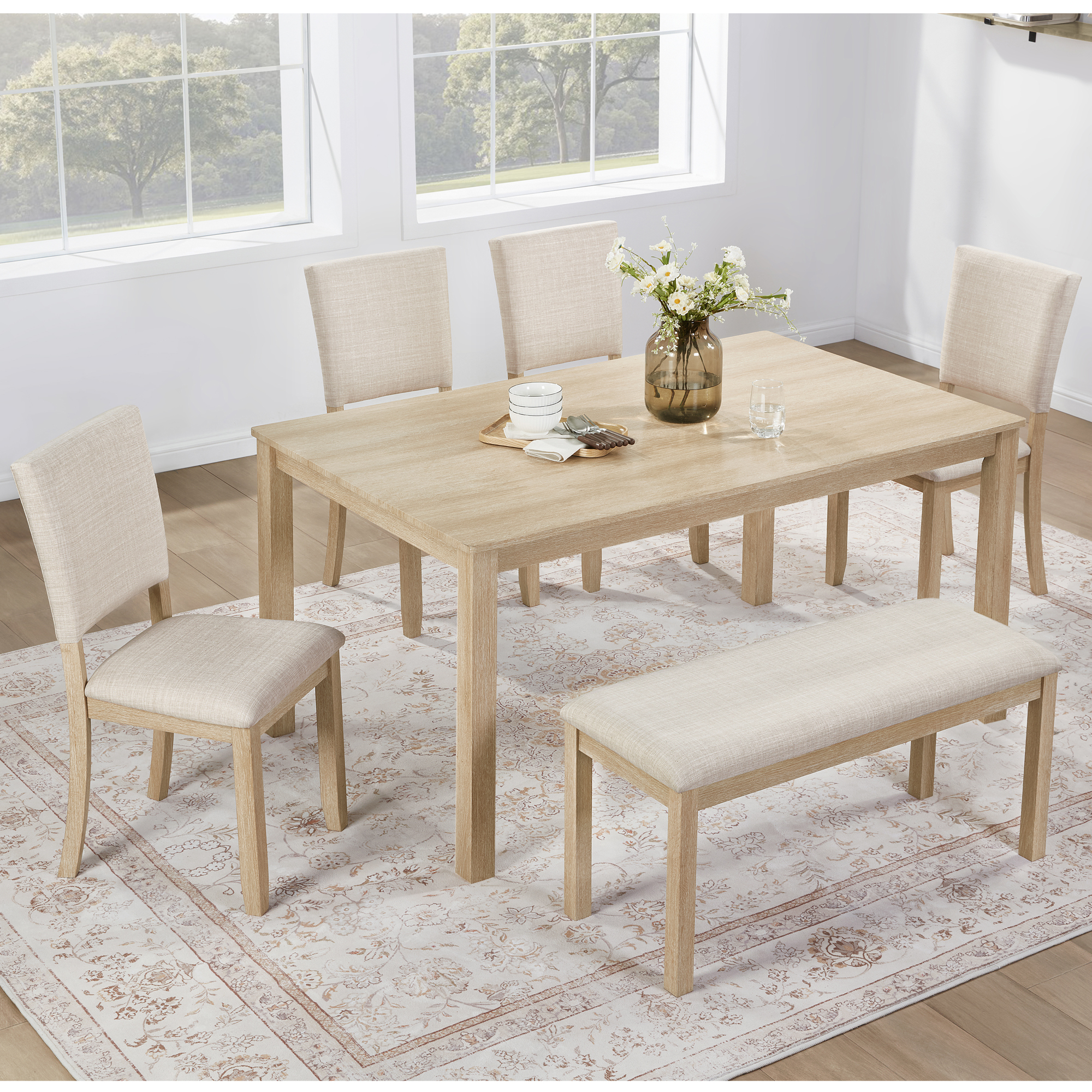 Modern 6-Piece Dining Set with Bench & 4 Chairs - Light Oak Rectangular Kitchen Table Ensemble