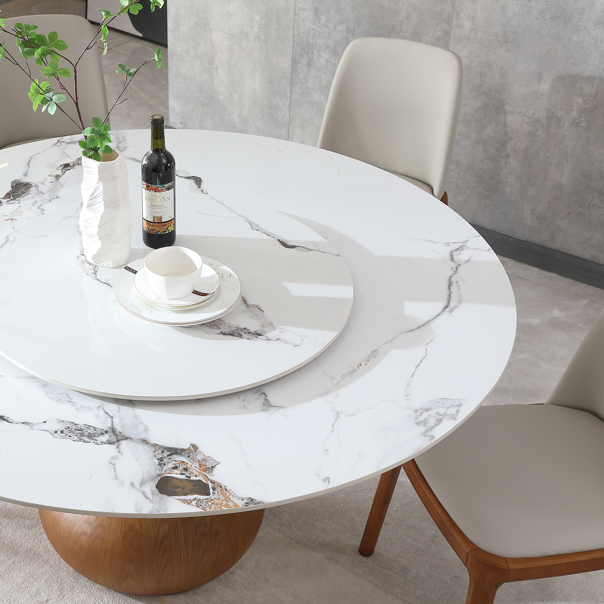 59" Round Sintered Stone Dining Table Set with Lazy Susan, Modern Marble Kitchen Table & 6 Upholstered Chairs, Luxury Pedestal Base for Dining Room