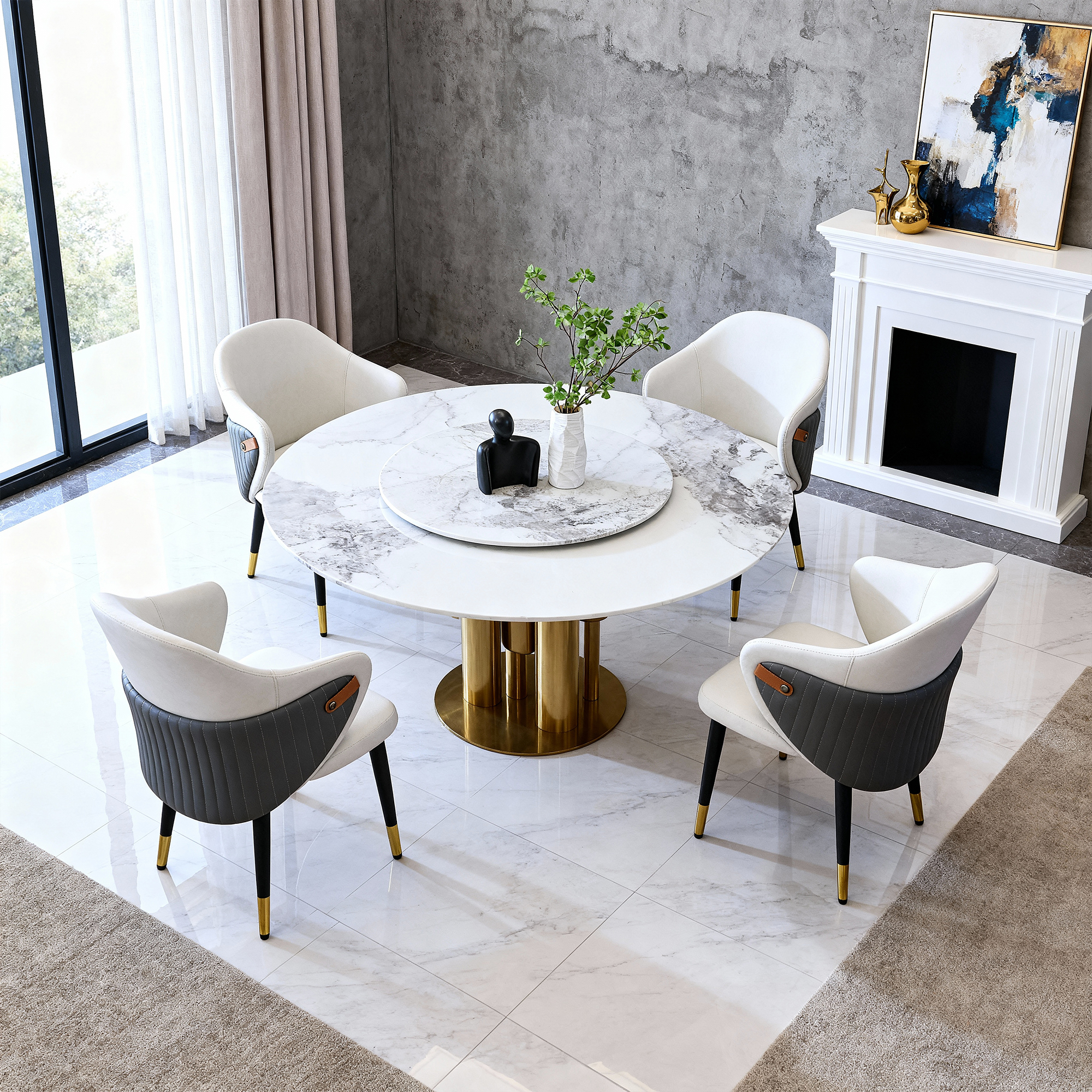 59" Round Sintered Stone Dining Table Set with 360° Lazy Susan & Gold Base - Luxury Modern Kitchen Furniture for 6